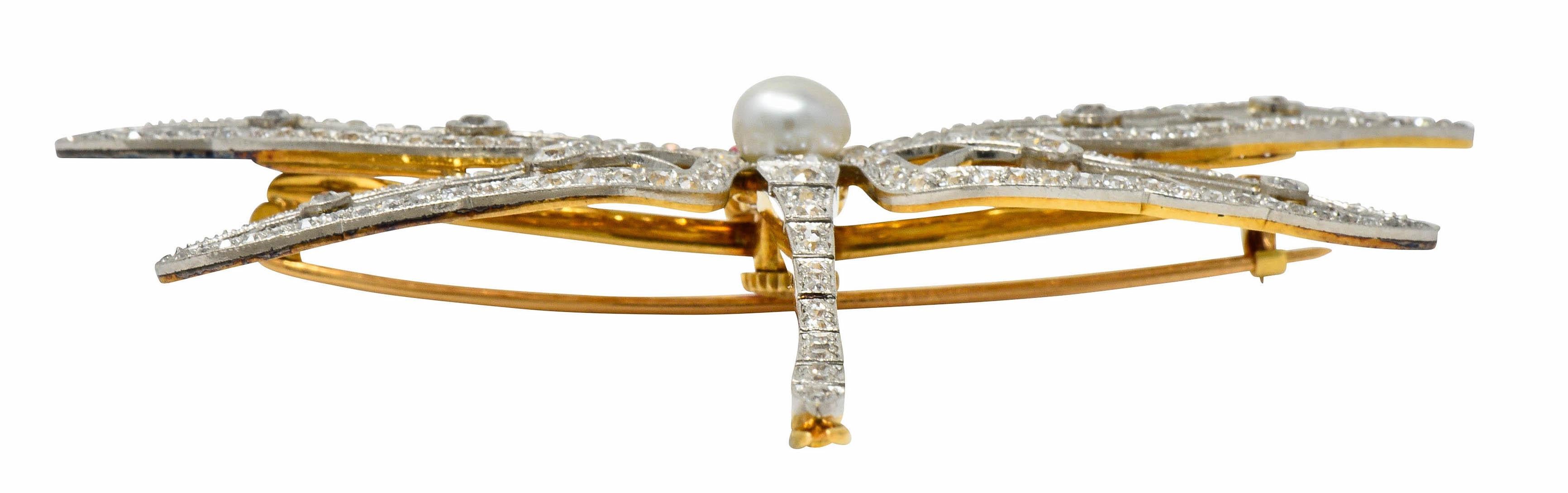 Substantial Edwardian Pearl Diamond Platinum 18 Karat Gold Dragonfly Brooch 6