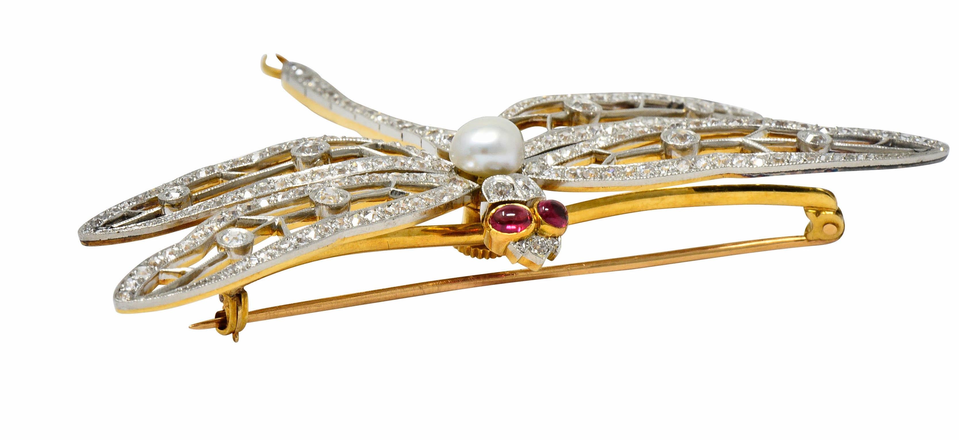 Cabochon Substantial Edwardian Pearl Diamond Platinum 18 Karat Gold Dragonfly Brooch