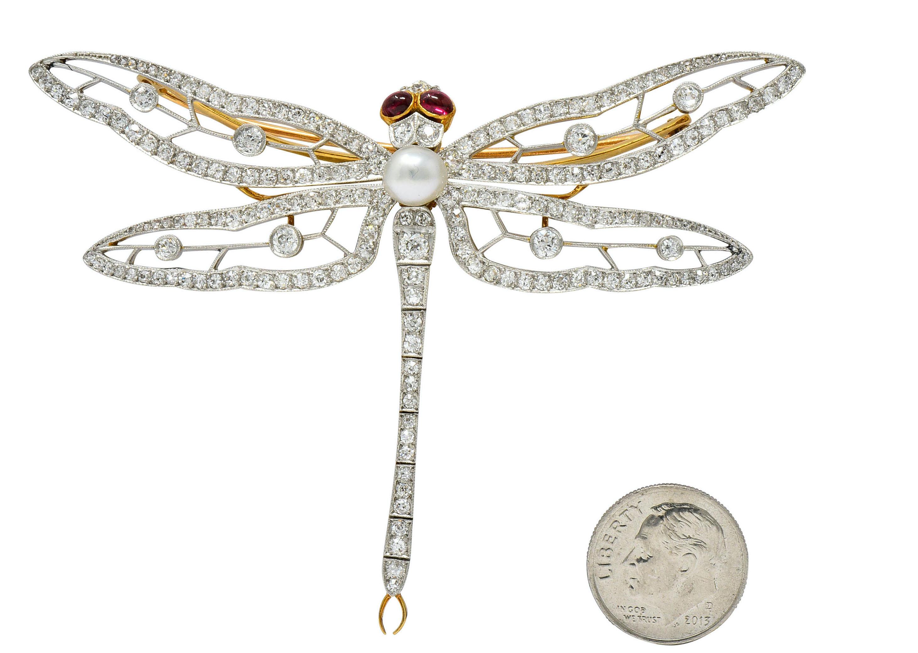 Substantial Edwardian Pearl Diamond Platinum 18 Karat Gold Dragonfly Brooch In Excellent Condition In Philadelphia, PA