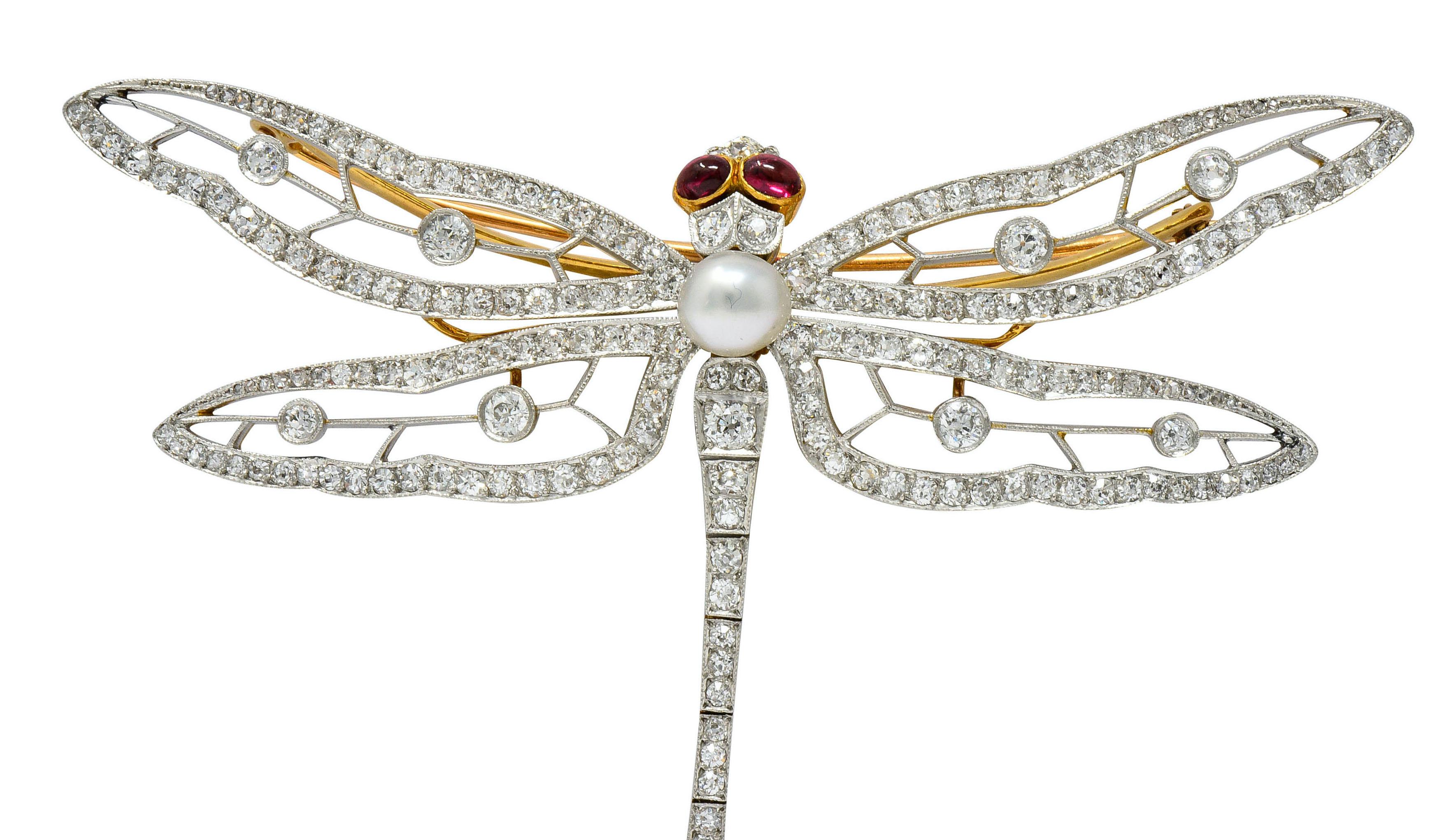 Women's or Men's Substantial Edwardian Pearl Diamond Platinum 18 Karat Gold Dragonfly Brooch