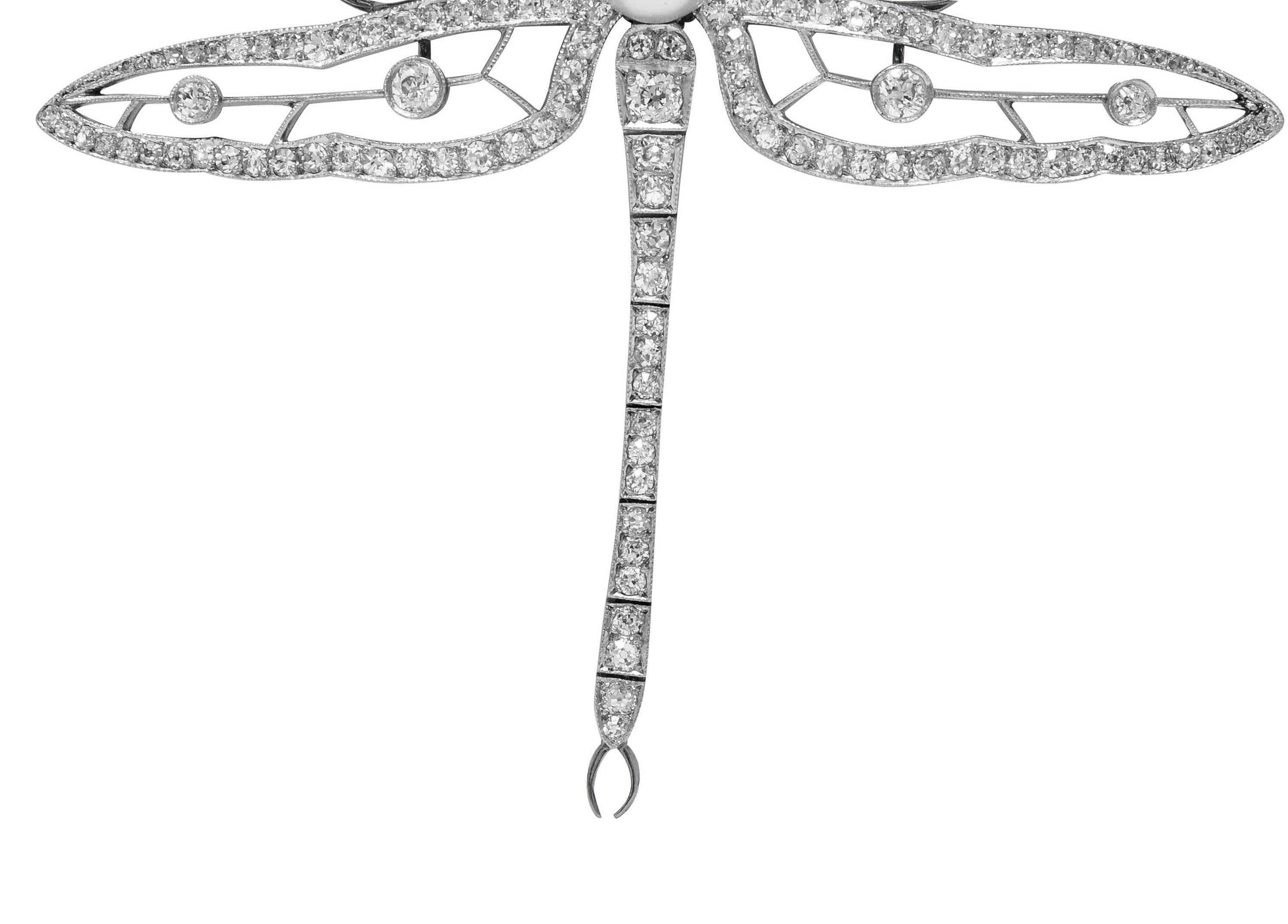 Substantial Edwardian Pearl Diamond Platinum 18 Karat Gold Dragonfly Brooch 1