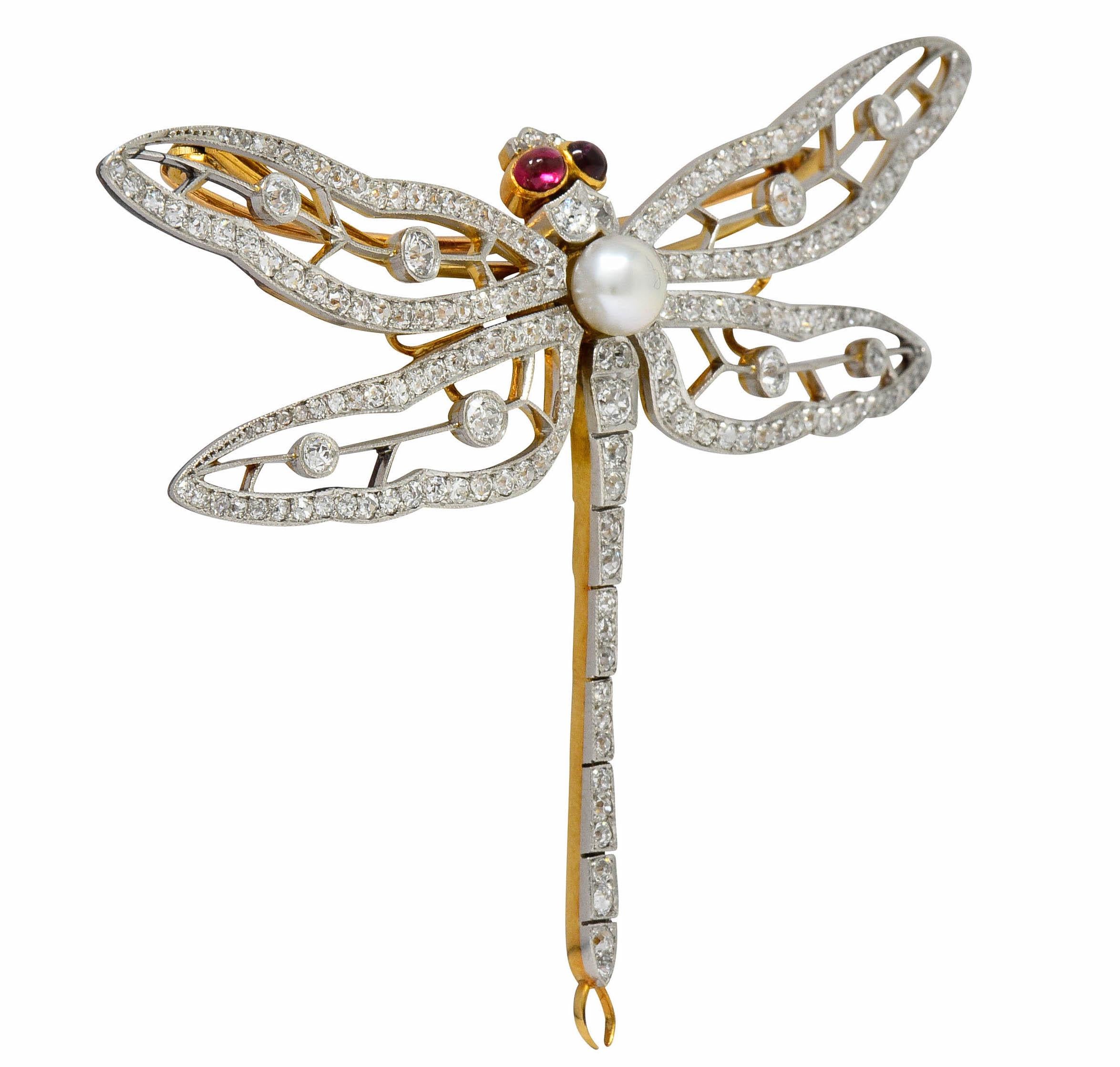 Substantial Edwardian Pearl Diamond Platinum 18 Karat Gold Dragonfly Brooch 2