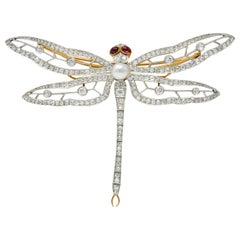 Substantial Edwardian Pearl Diamond Platinum 18 Karat Gold Dragonfly Brooch