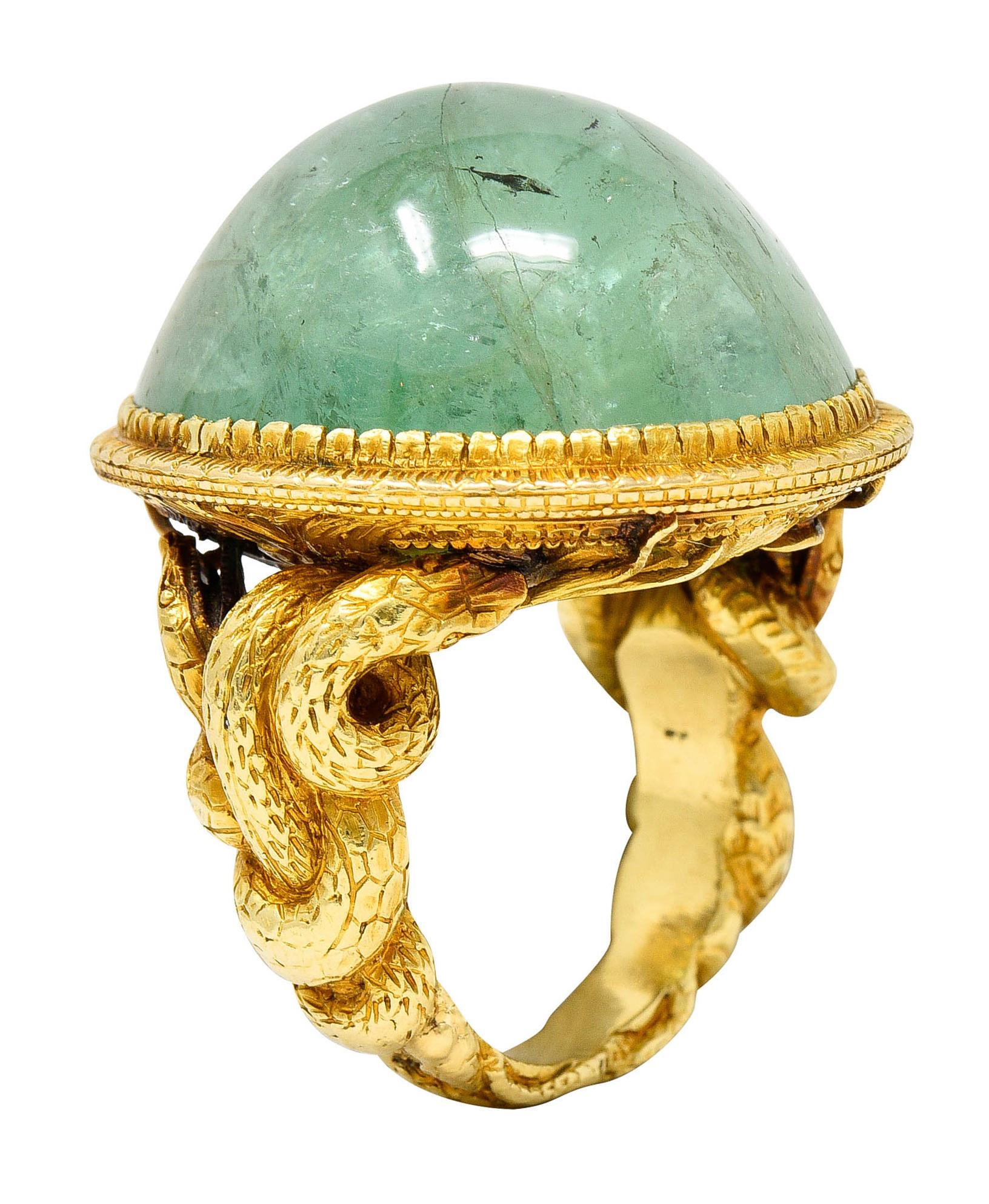 Substantial Emerald 22 Karat Gold Snake Gemstone Ring 6