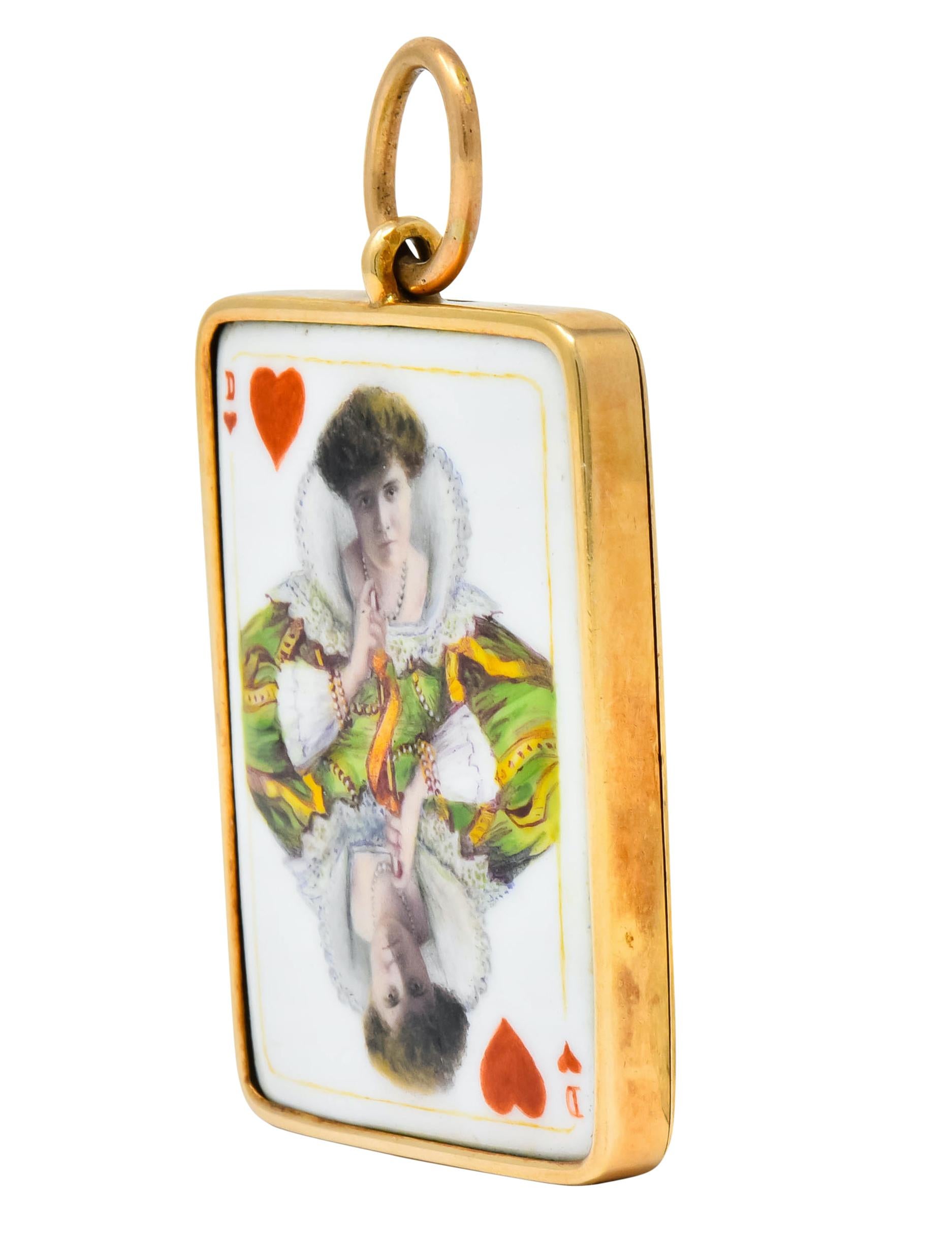 Large rectangular pendant designed as a French playing card delightfully designed as the Queen of hearts

Porcelain enamel rendered to feature a mirrored image of a fancily dressed Victorian royal holding a ribboned scepter

Bezel set in a polished