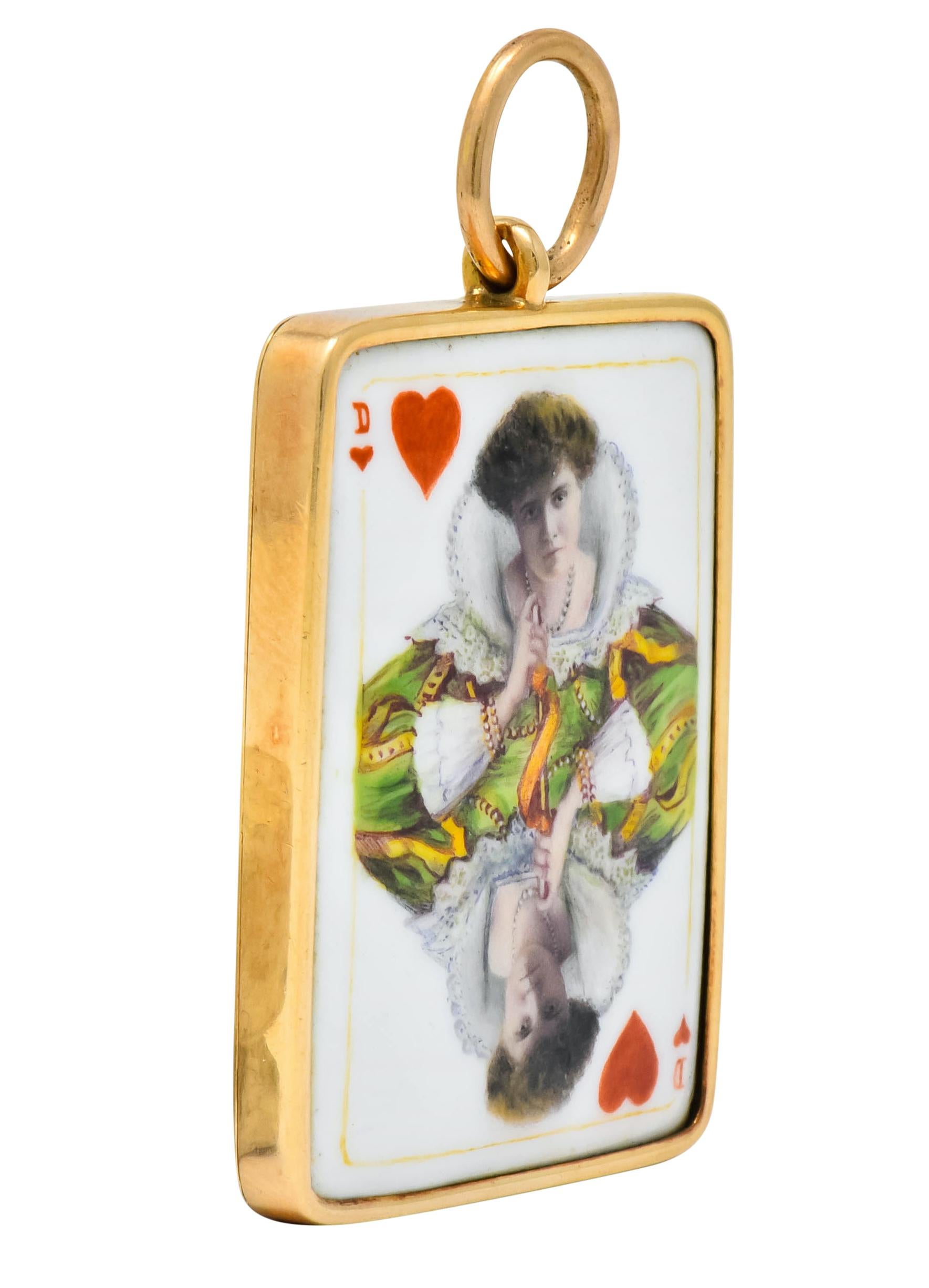 French Cut Substantial French Victorian Enamel 14 Karat Gold Queen Playing Card Pendant