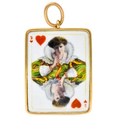 Substantial French Victorian Enamel 14 Karat Gold Queen Playing Card Pendant