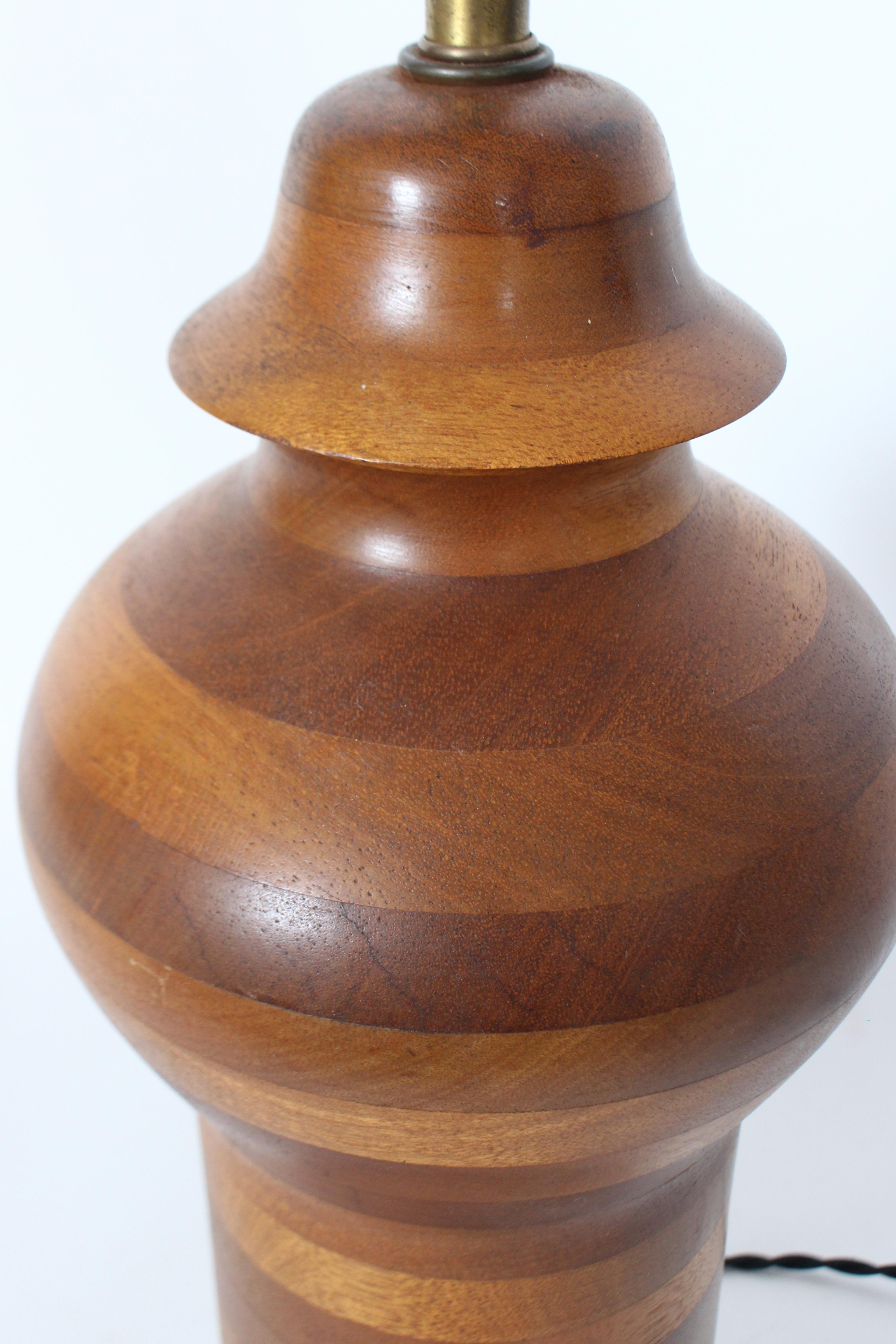 Substantial Ginger Jar Table Lamp in Stacked Mixed Hardwood, 1970's For Sale 5