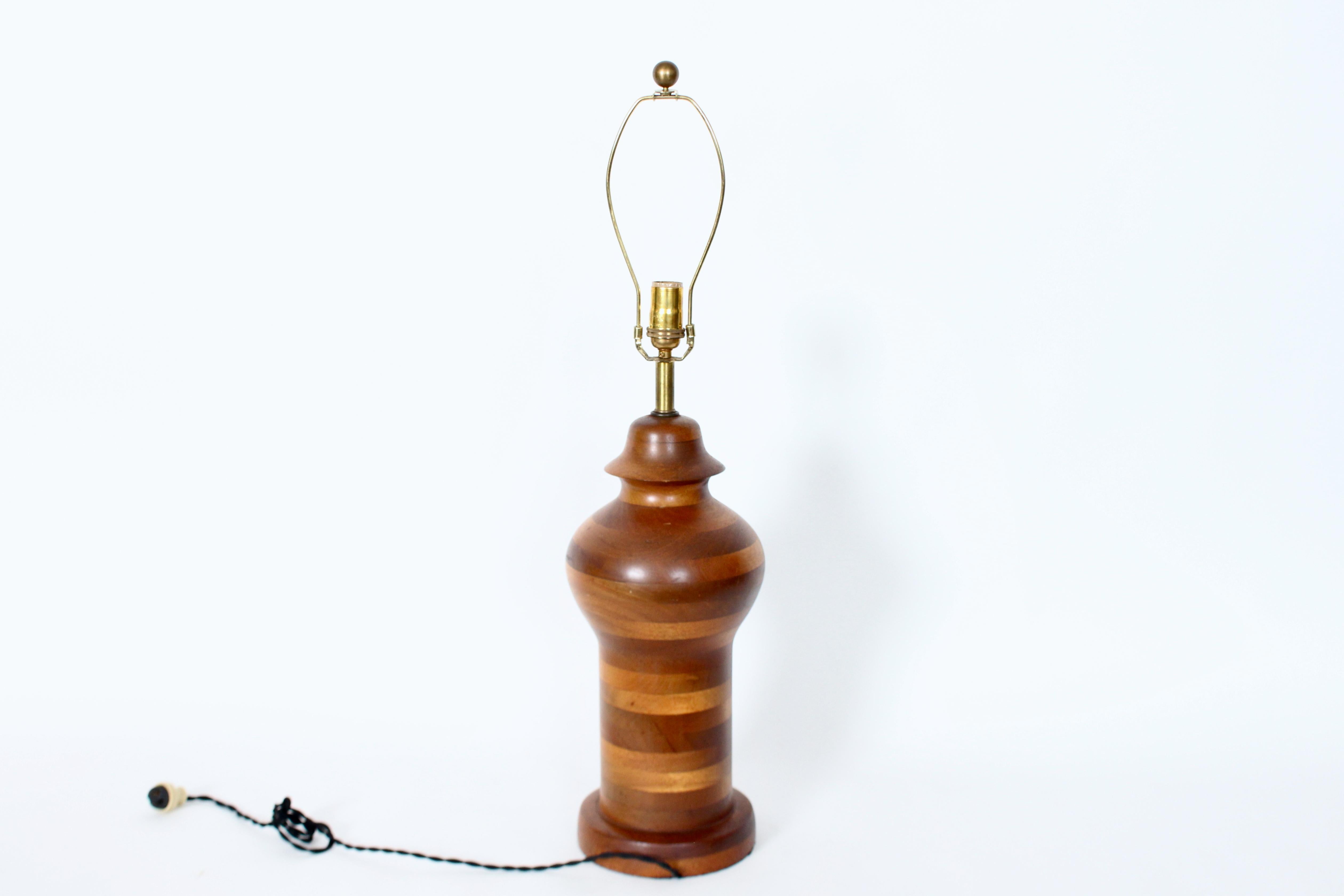 Substantial Ginger Jar Table Lamp in Stacked Mixed Hardwood, 1970's In Good Condition For Sale In Bainbridge, NY