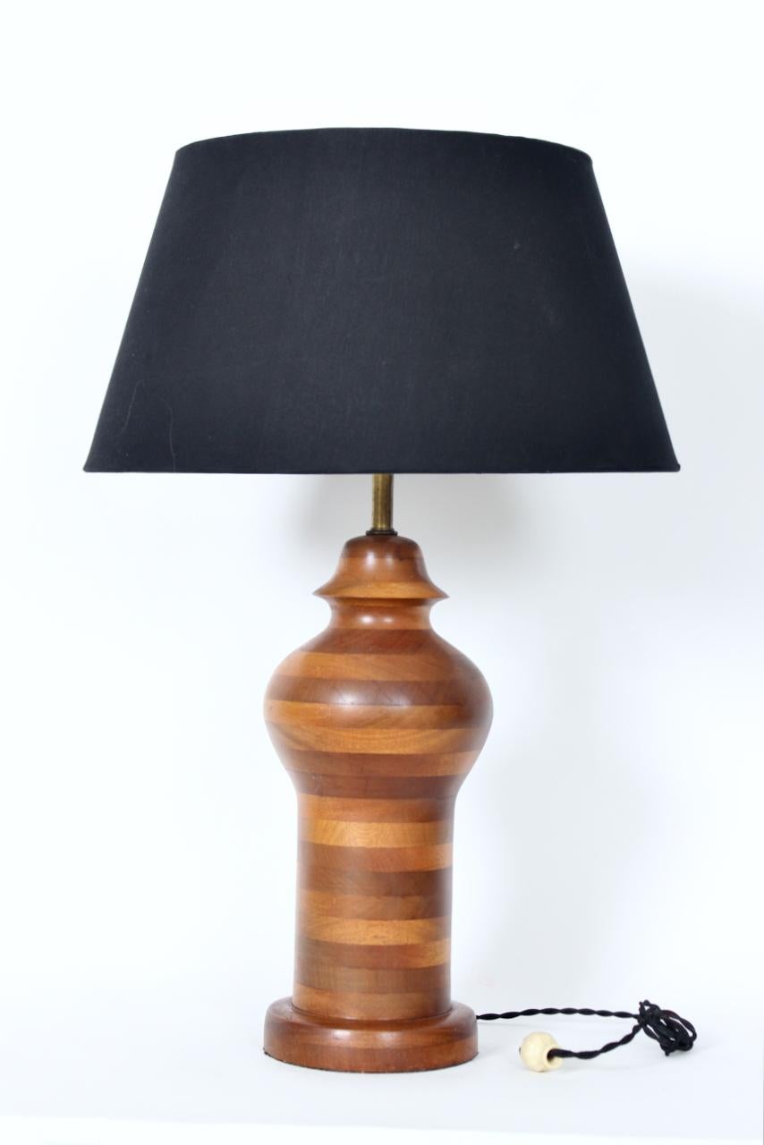 Substantial Ginger Jar Table Lamp in Stacked Mixed Hardwood, 1970's For Sale 1