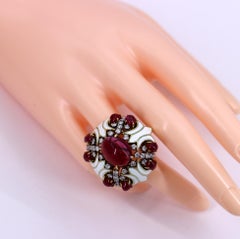 Substantial Gold Ring with White Enamel Diamonds and Rubies