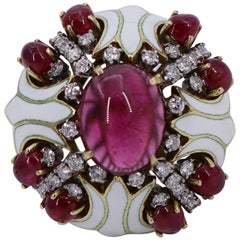 Substantial Gold Ring with White Enamel Diamonds and Rubies