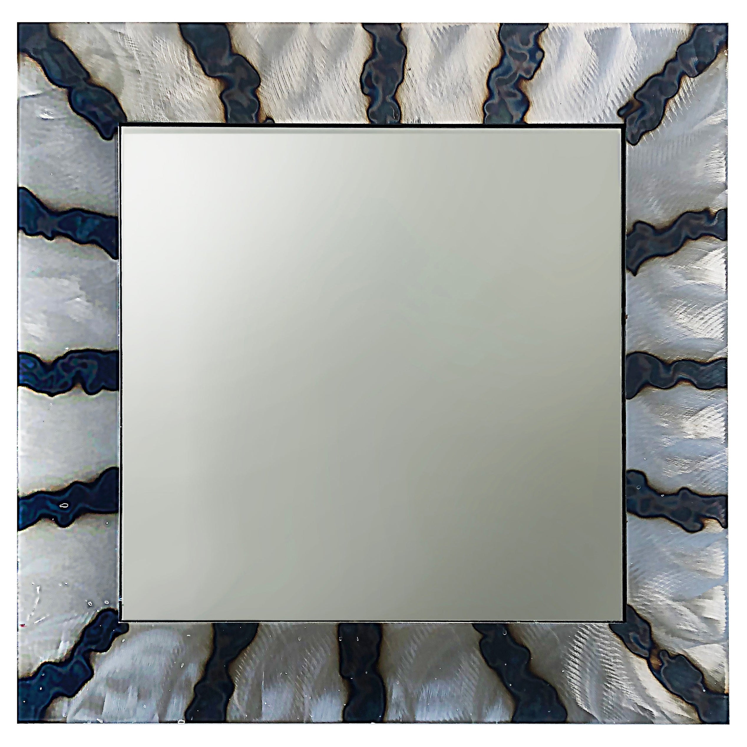 Substantiel miroir mural industriel en acier, ornements brûlés et bruni