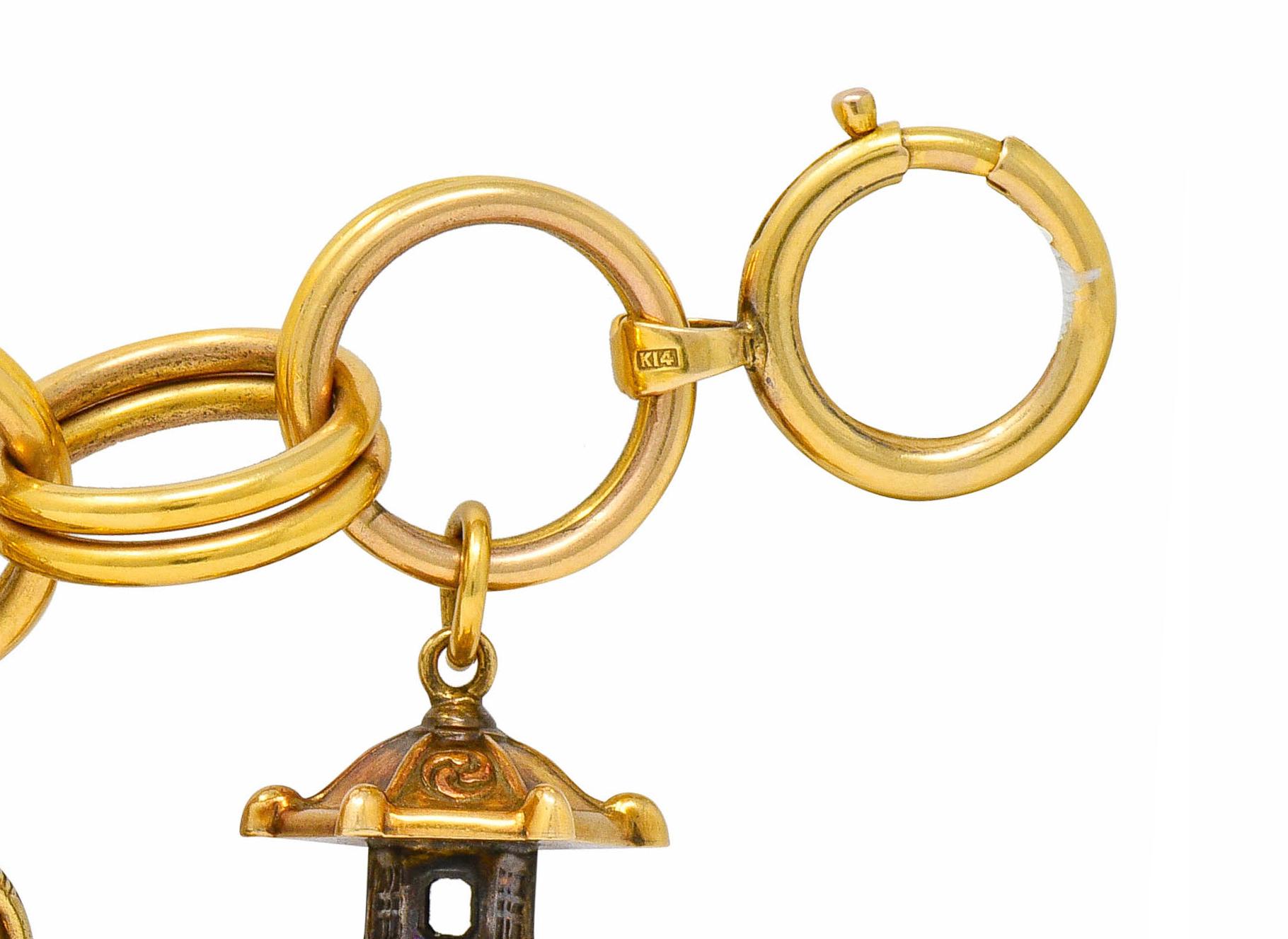 Substantial Kichigoro Uyeda Retro Pearl 14 Karat Gold Japanese Charm Bracelet 2