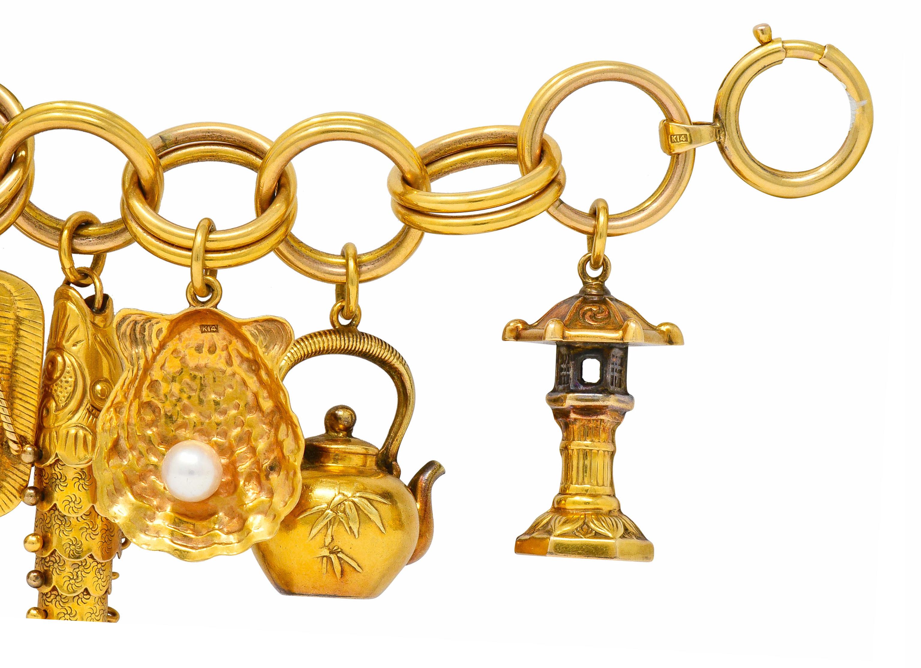 Round Cut Substantial Kichigoro Uyeda Retro Pearl 14 Karat Gold Japanese Charm Bracelet
