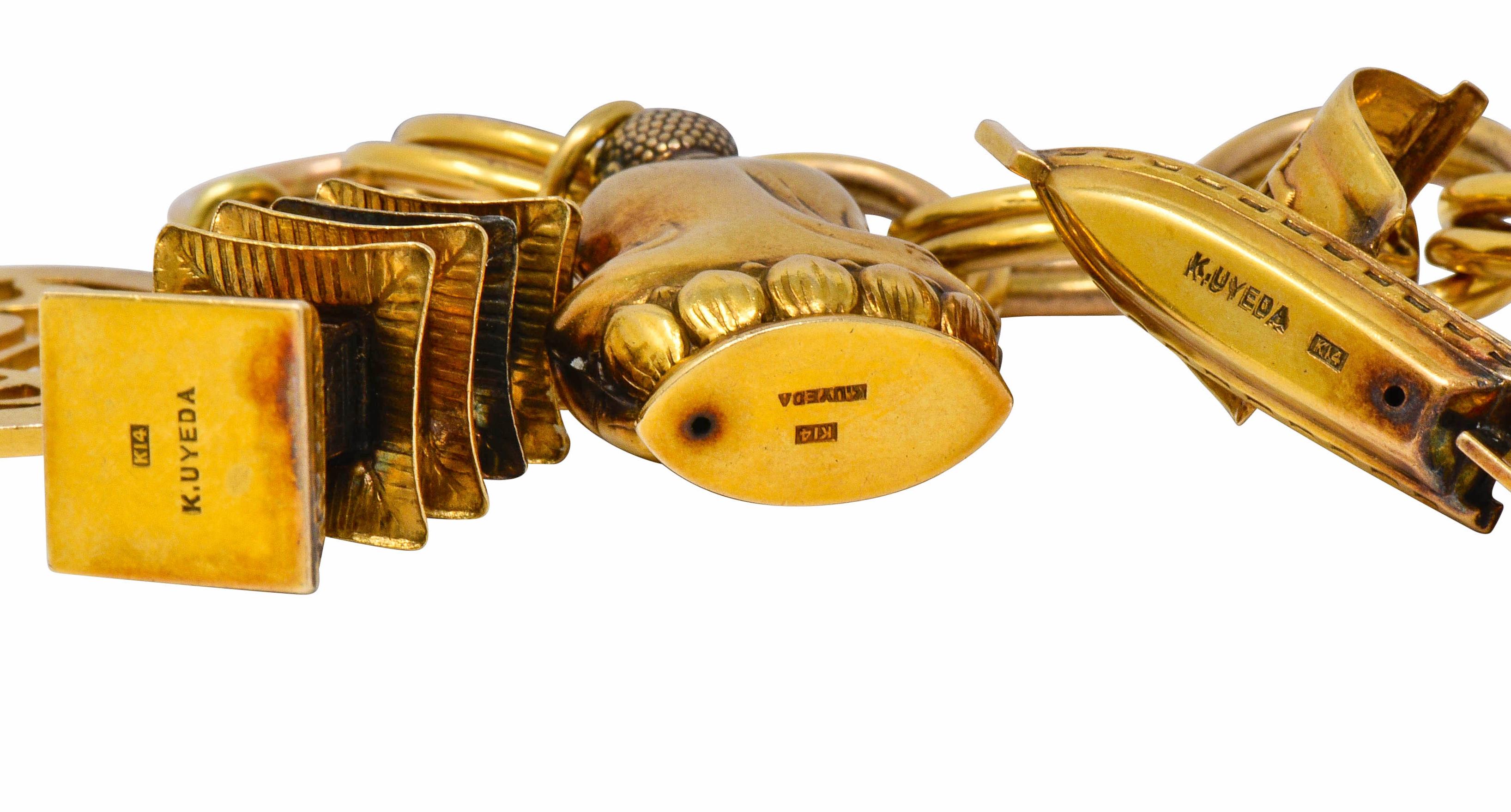 Substantial Kichigoro Uyeda Retro Pearl 14 Karat Gold Japanese Charm Bracelet In Excellent Condition In Philadelphia, PA