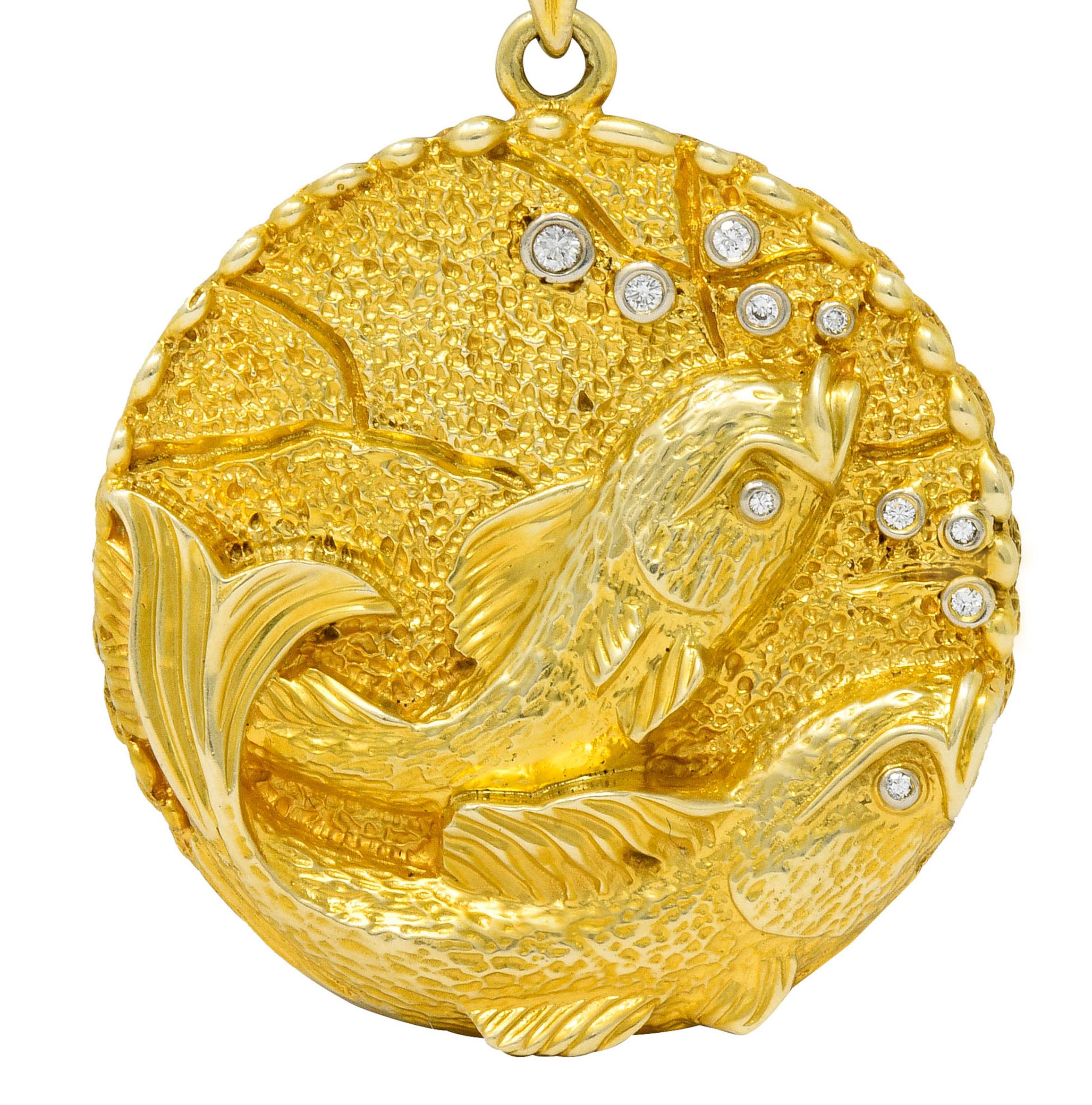 Brilliant Cut Substantial La Triomphe Vintage Diamond 14 Karat Gold Pisces Zodiac Pendant