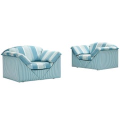 Retro Substantial Lounge Chairs in Delicate Striped Green Blue Upholstery 