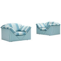 Substantial Lounge Chairs in Delicate Striped Green Blue Upholstery