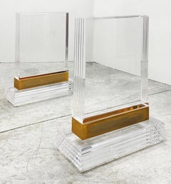 Substantial Lucite and Brass Dining Table, Etched Glass Top