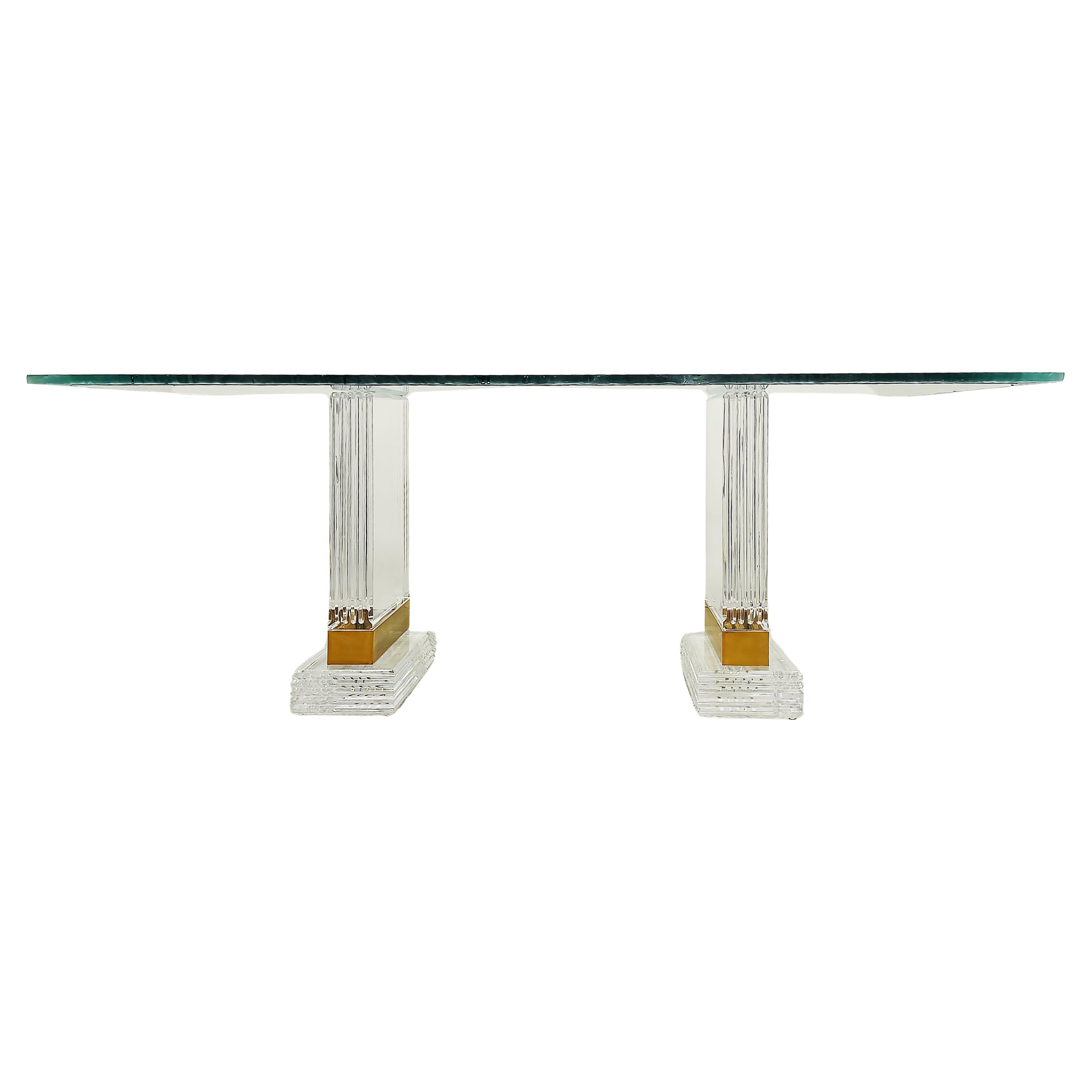Substantial Lucite and Brass Dining Table, Etched Glass Top