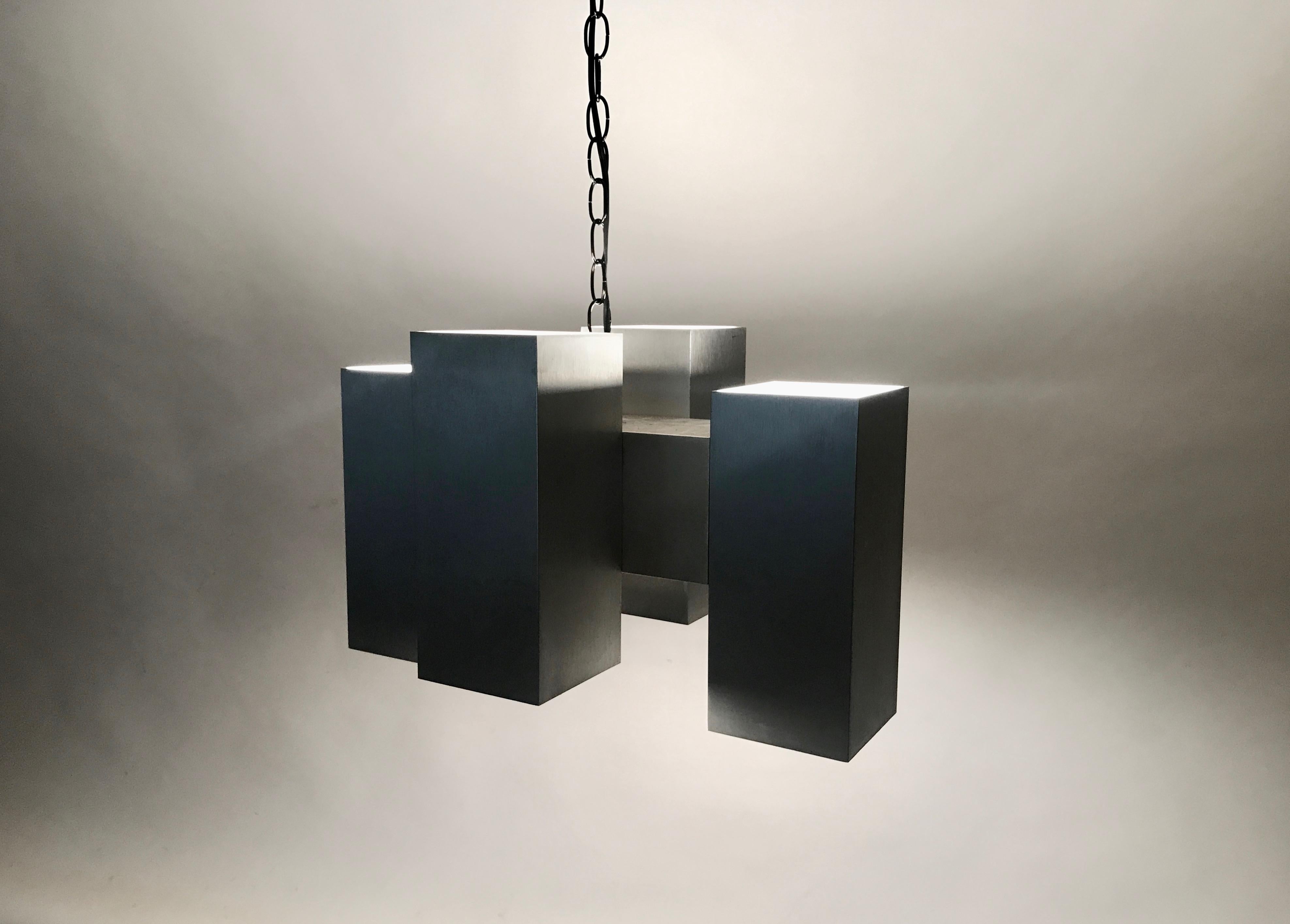 Mid-Century Modern Substantial Paul Mayen Style Cubic Cast Aluminum Eight Bulb Hanging Lamp, 1960s For Sale