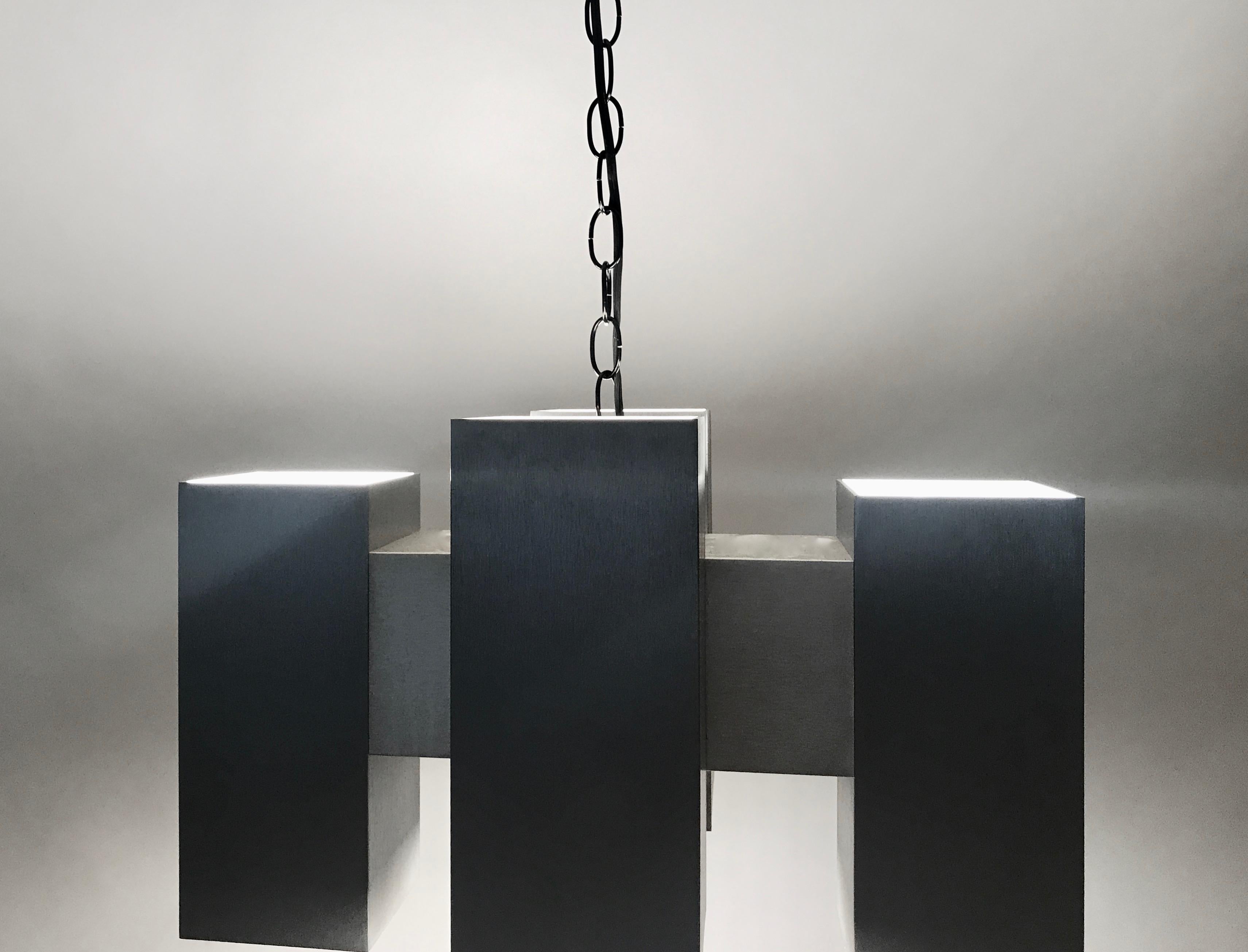 American Substantial Paul Mayen Style Cubic Cast Aluminum Eight Bulb Hanging Lamp, 1960s For Sale