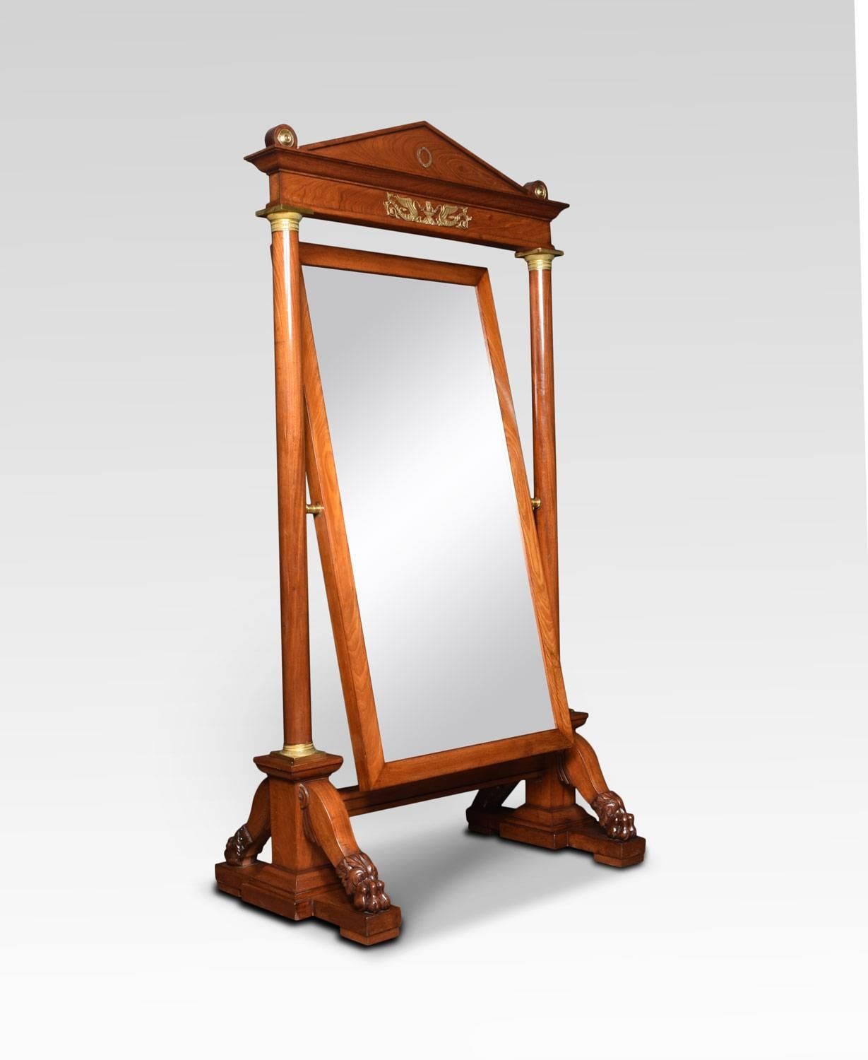 Very large figured mahogany and ormolu mounted cheval mirror, the architectural top above rectangular mirror plate supported by turned pilasters. The square stepped base section having hairy paw feet.
Dimensions:
Height 77.5 inches
Width 43.5