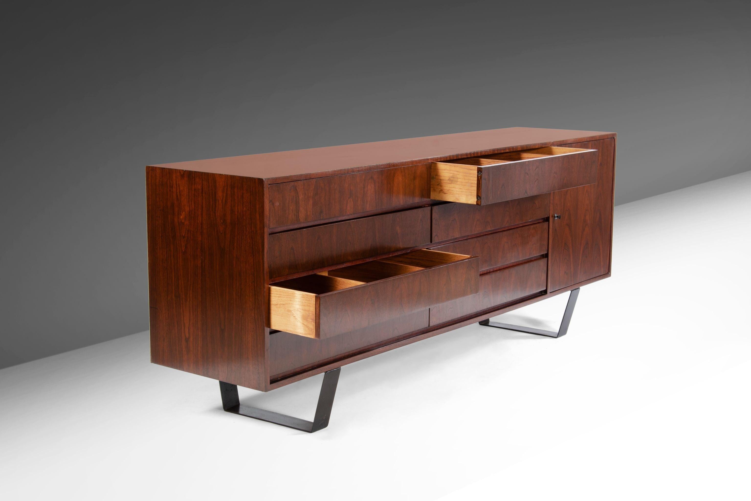 Danish Mid Century Credenza / Sideboard / Long Dresser on an Angular Steel Base, 1970s For Sale