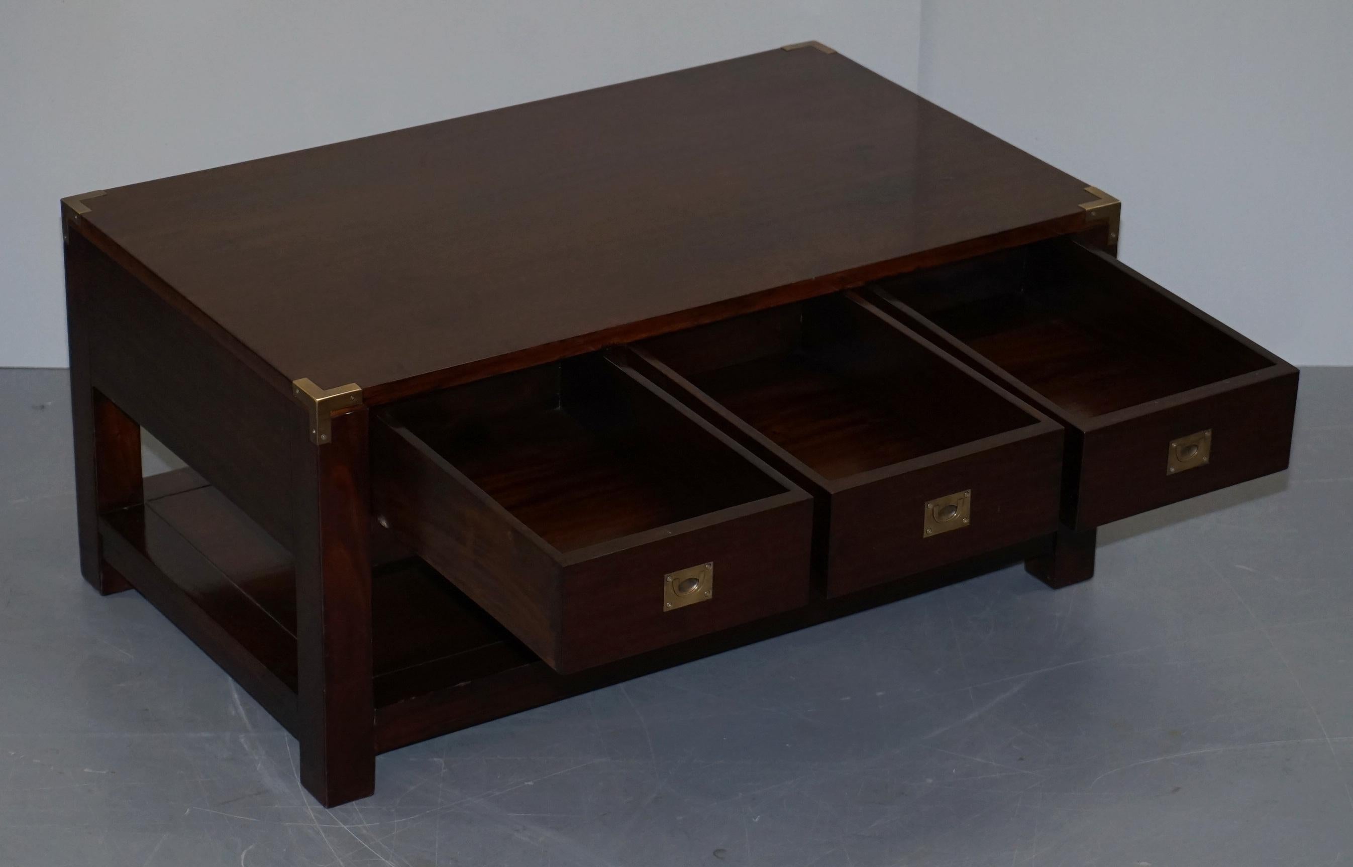 Substantial Military Campaign Style Hardwood and Brass Coffee Table with Drawers For Sale 7