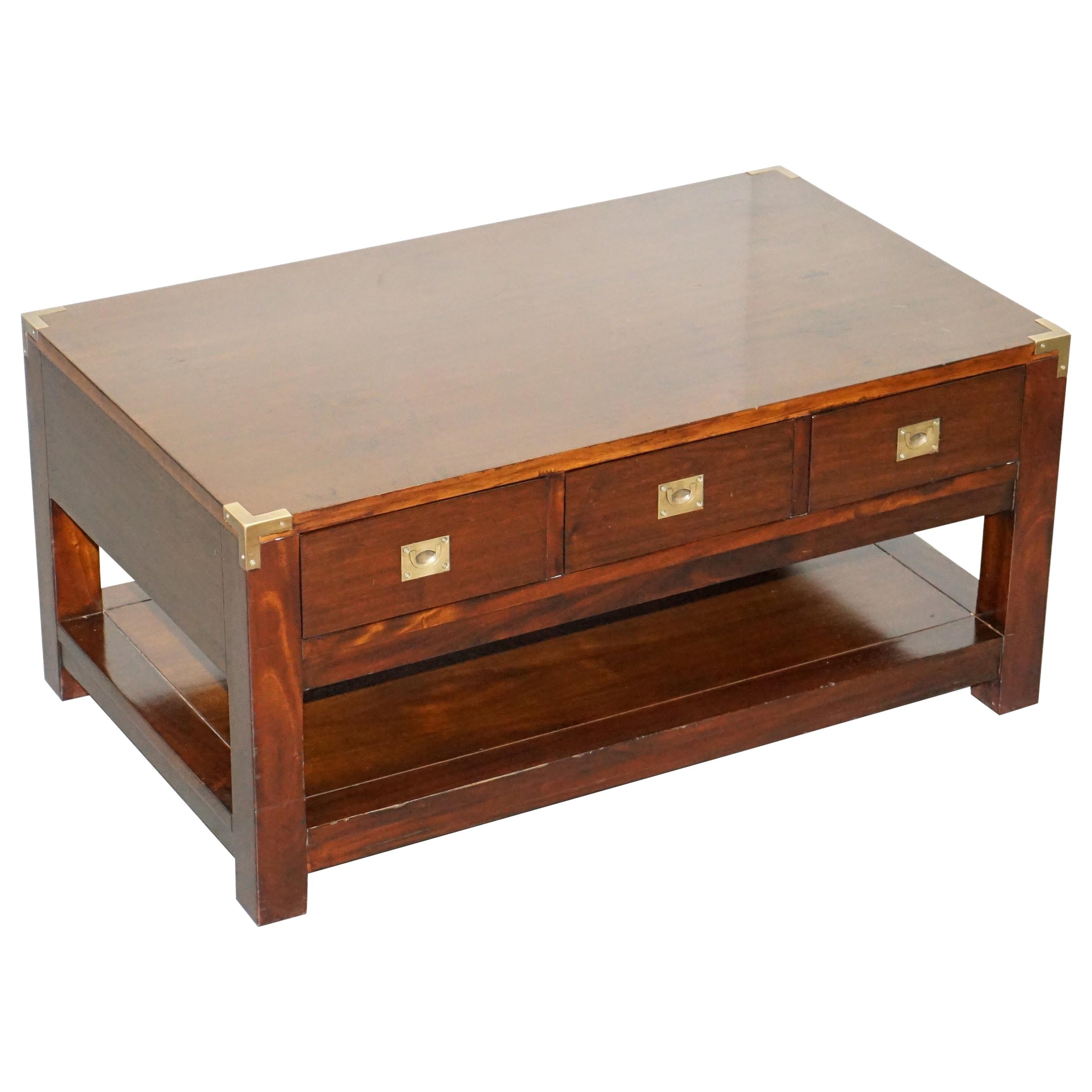 Substantial Military Campaign Style Hardwood and Brass Coffee Table with Drawers For Sale