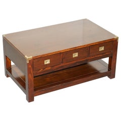 Vintage Substantial Military Campaign Style Hardwood and Brass Coffee Table with Drawers