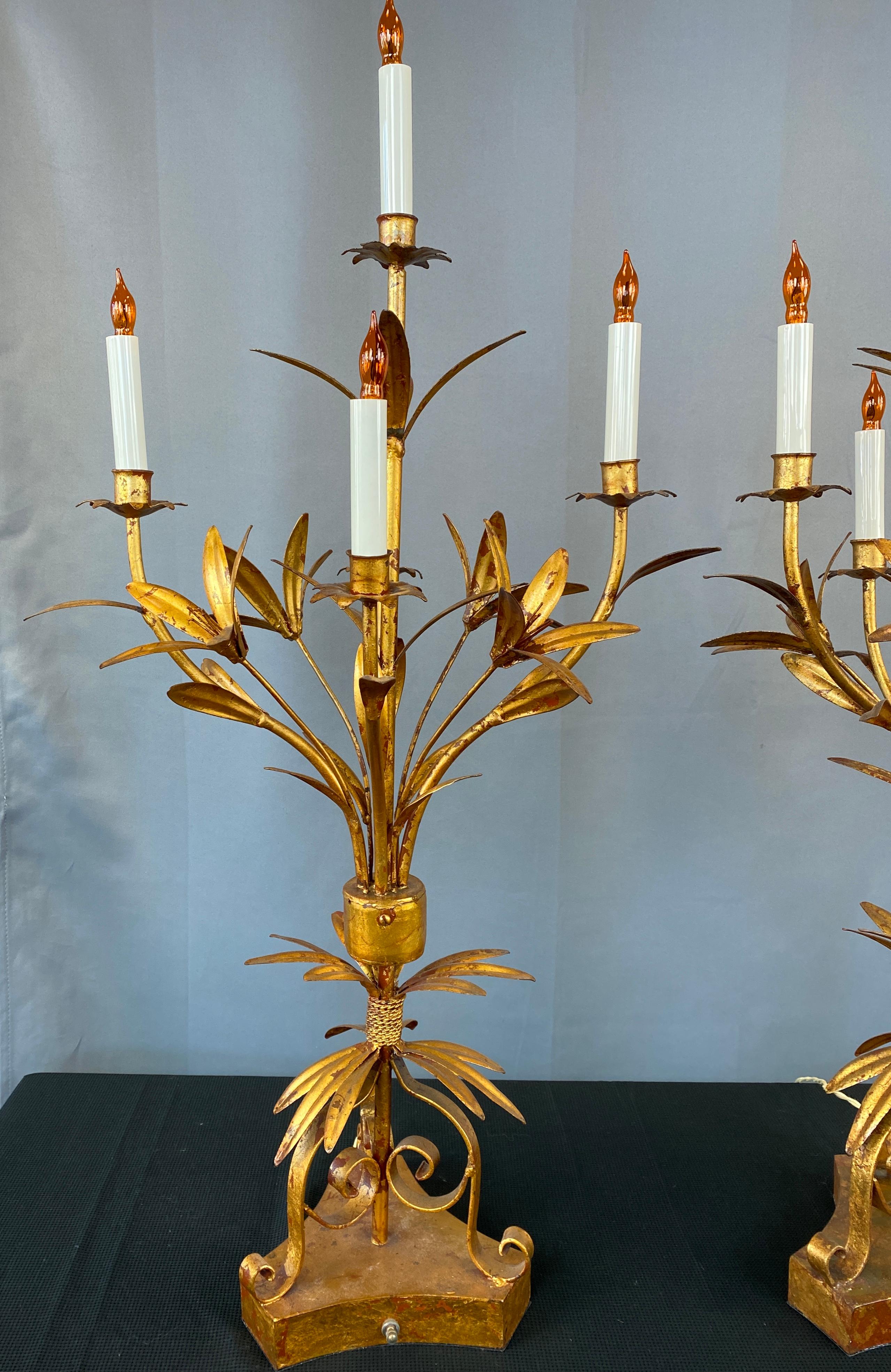 Substantial Pair of 1950s Italian Tole Gilt Lamps In Good Condition For Sale In San Francisco, CA