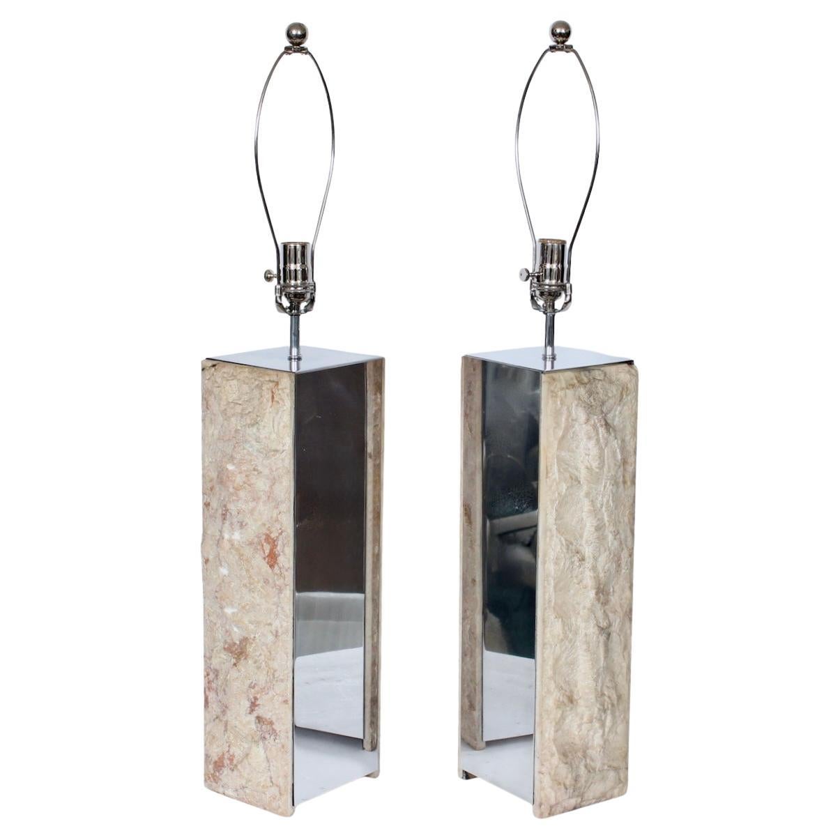 Substantial Pair Italian Natural Cut Marble & Mirrored Metal Table Lamps For Sale