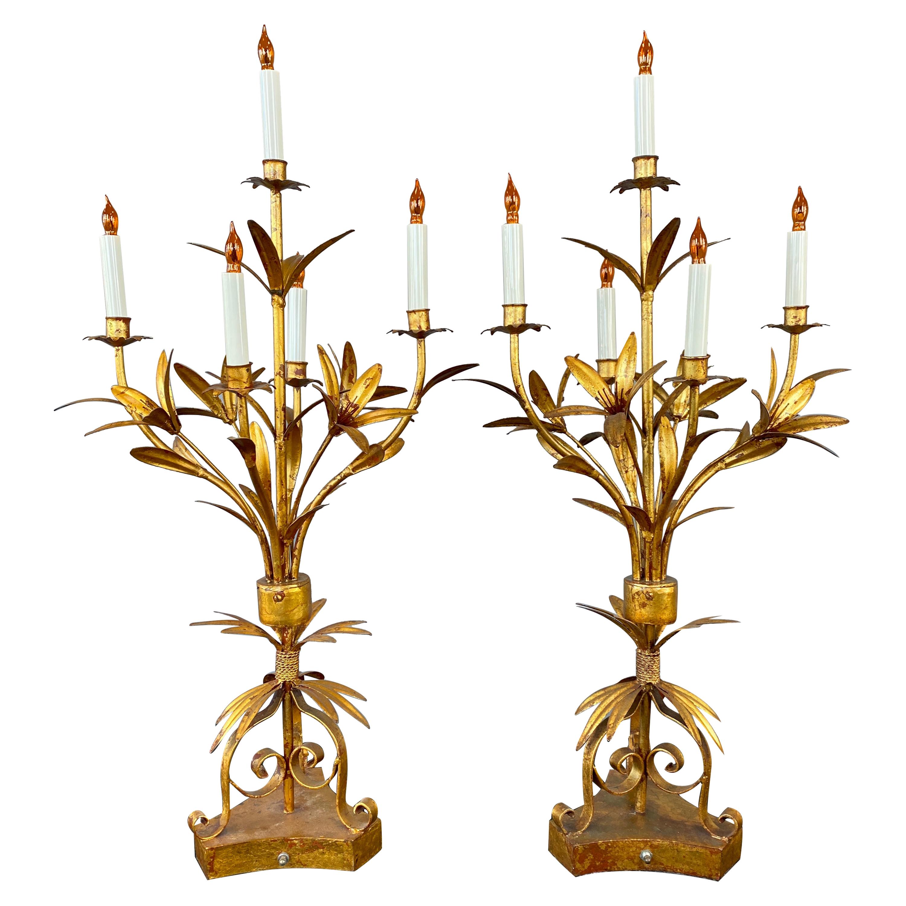 Substantial Pair of 1950s Italian Tole Gilt Lamps For Sale