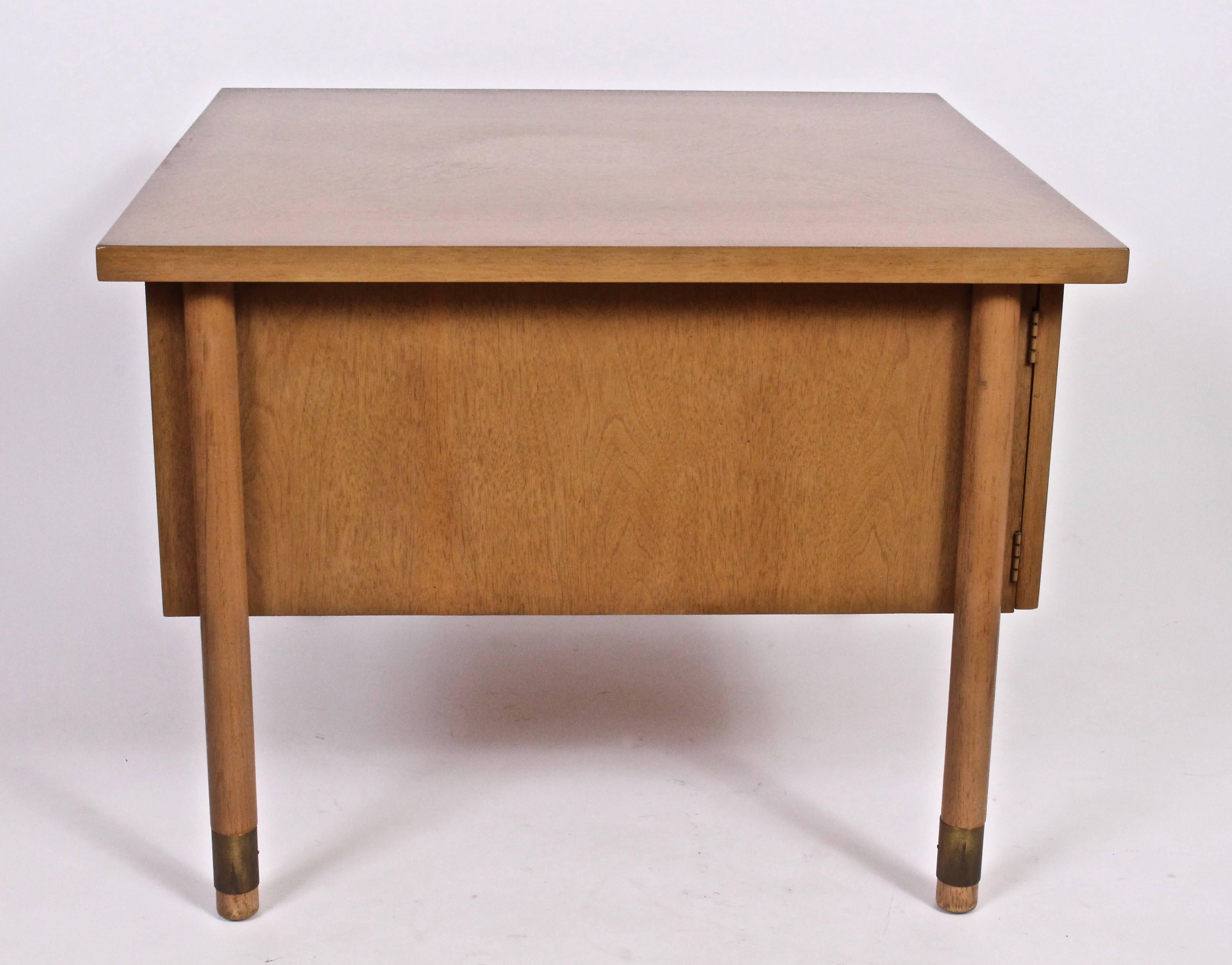 Large Pair of American Mid Century Latched Two-Door Nightstands. Featuring a square chevron inlay surface, swing doors, magnetic catches, recessed paneled doors, exterior legs, Brass bands and Brass latches. Excellent storage.  Sturdy.  Solid. 