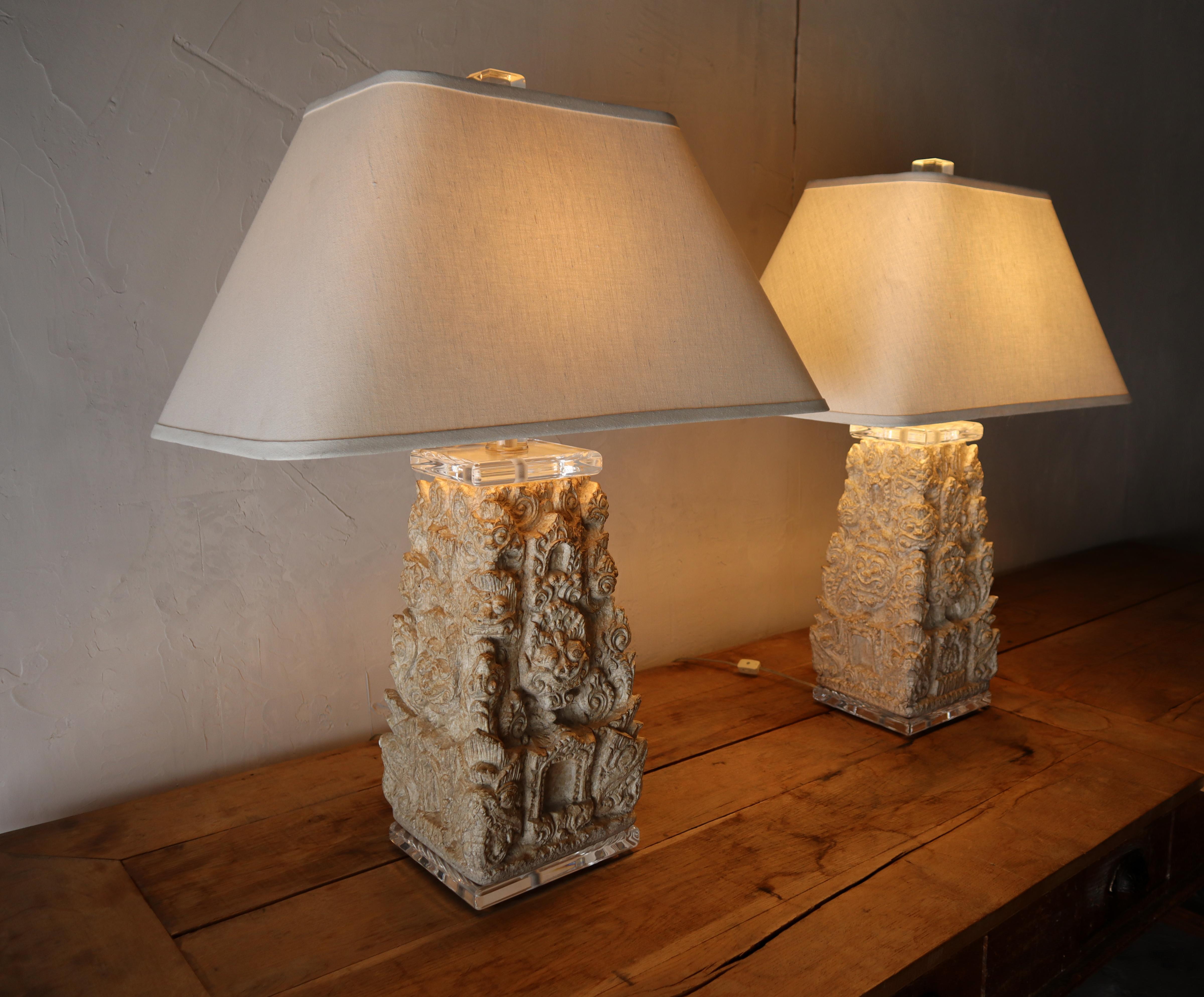 20th Century Substantial Pair of Carved Stone and Lucite Asian Foo Dog Lamps For Sale