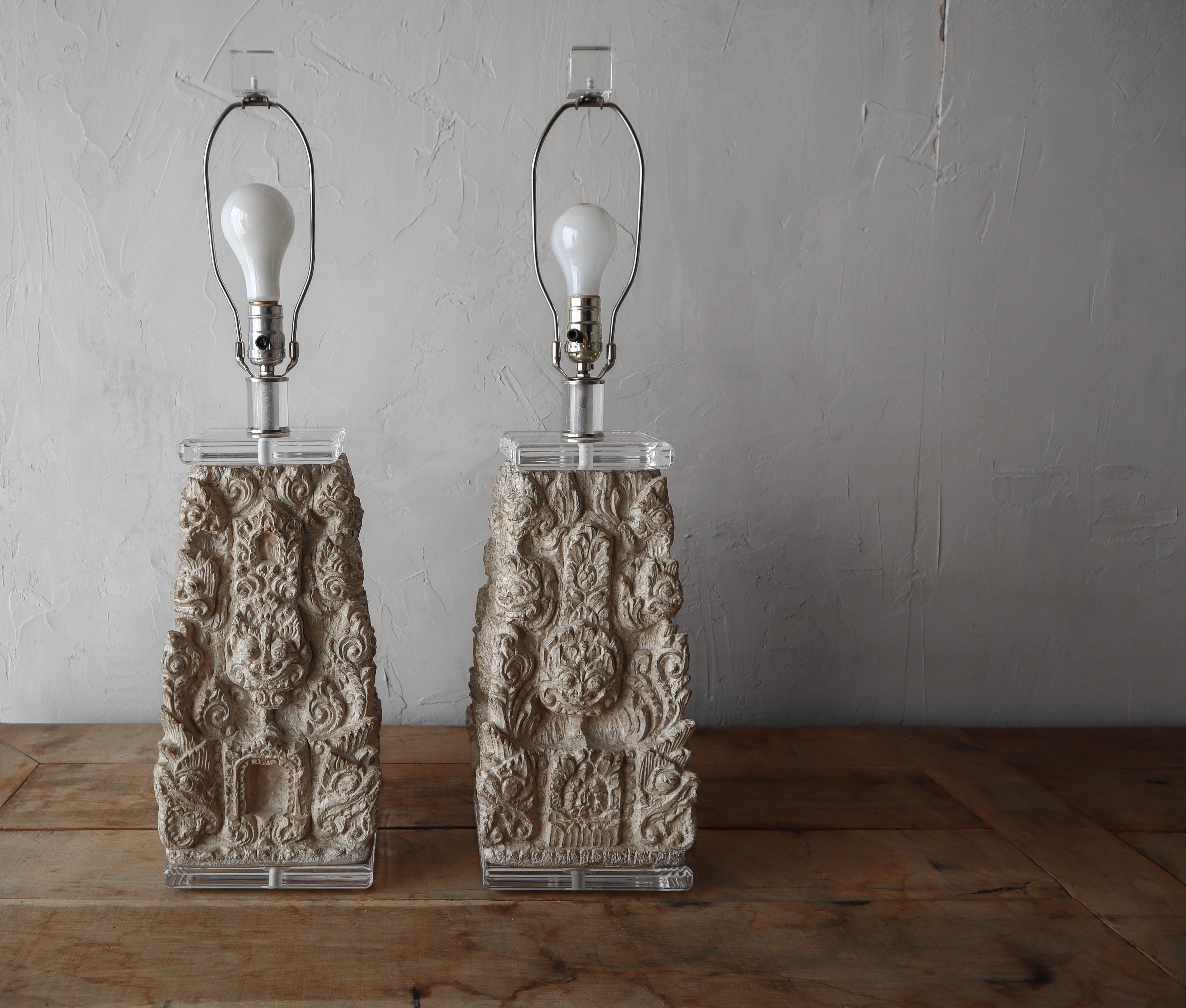 Ceramic Substantial Pair of Carved Stone and Lucite Asian Foo Dog Lamps For Sale