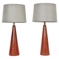 Substantial Pair of Danish Modern Turned Teak Cone Table Lamps