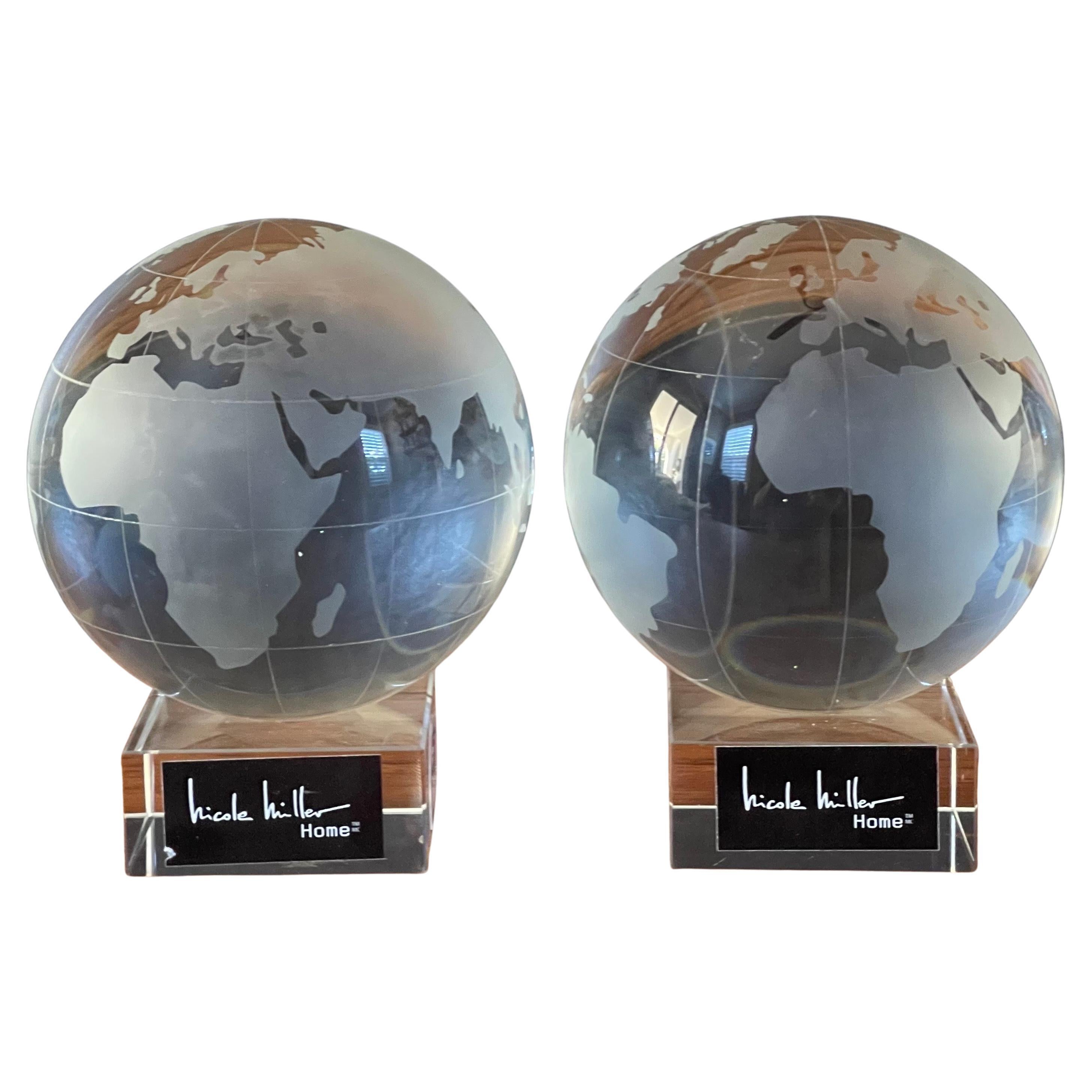 Substantial Pair of Etched Crystal Globe Bookends by Nicole Miller