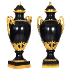 Substantial Pair of French Louis XVI Antique Black Slate Urn Lamps, 43” H