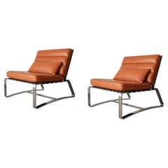Substantial Pair of Italian Stainless Steel and Leather Lounge Chairs