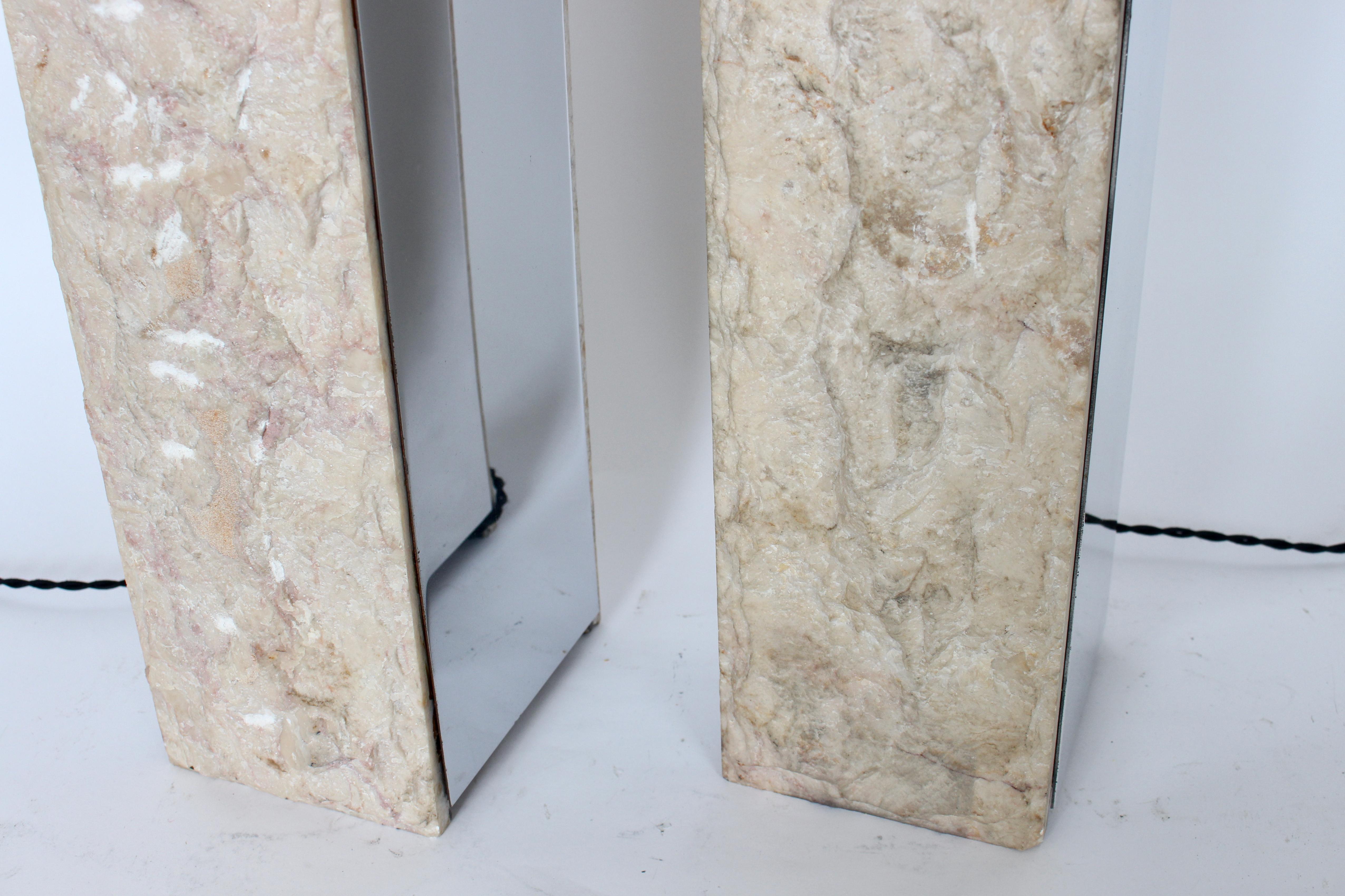 Substantial Pair of Laurel Italian Rough Cut Marble & Polished Metal Table Lamps For Sale 4
