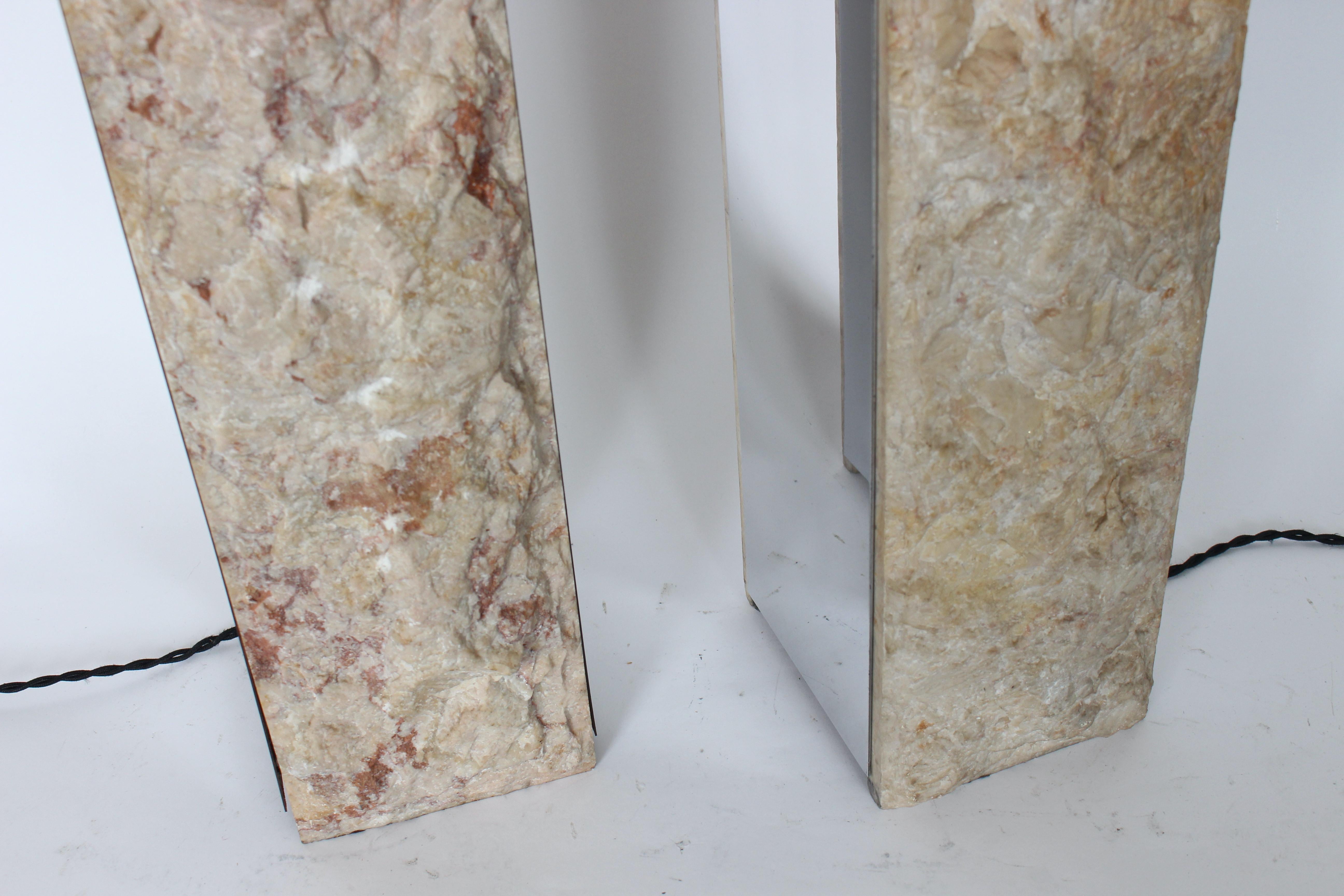 Substantial Pair of Laurel Italian Rough Cut Marble & Polished Metal Table Lamps For Sale 5