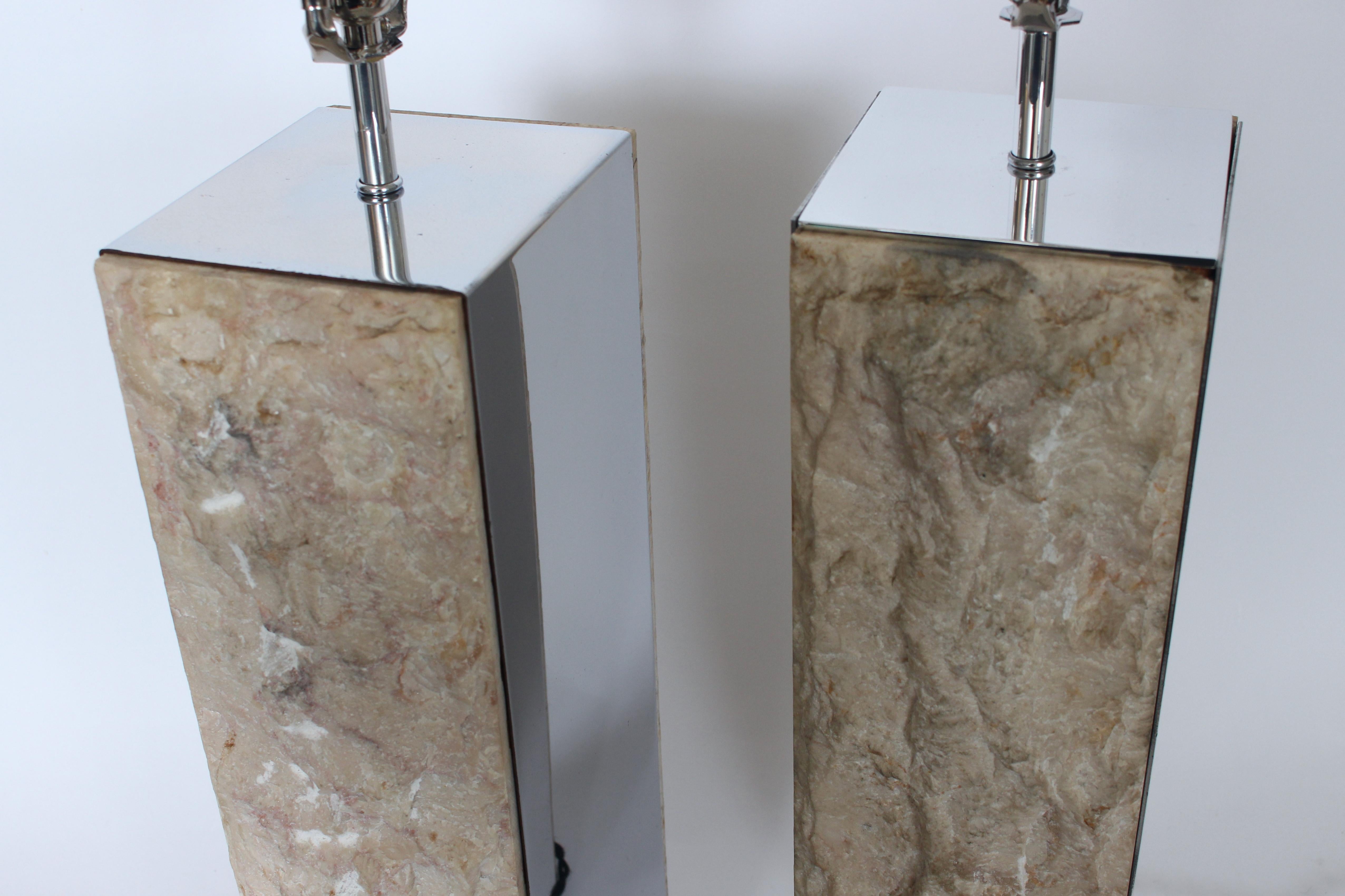Substantial Pair Italian Natural Cut Marble & Mirrored Metal Table Lamps For Sale 7