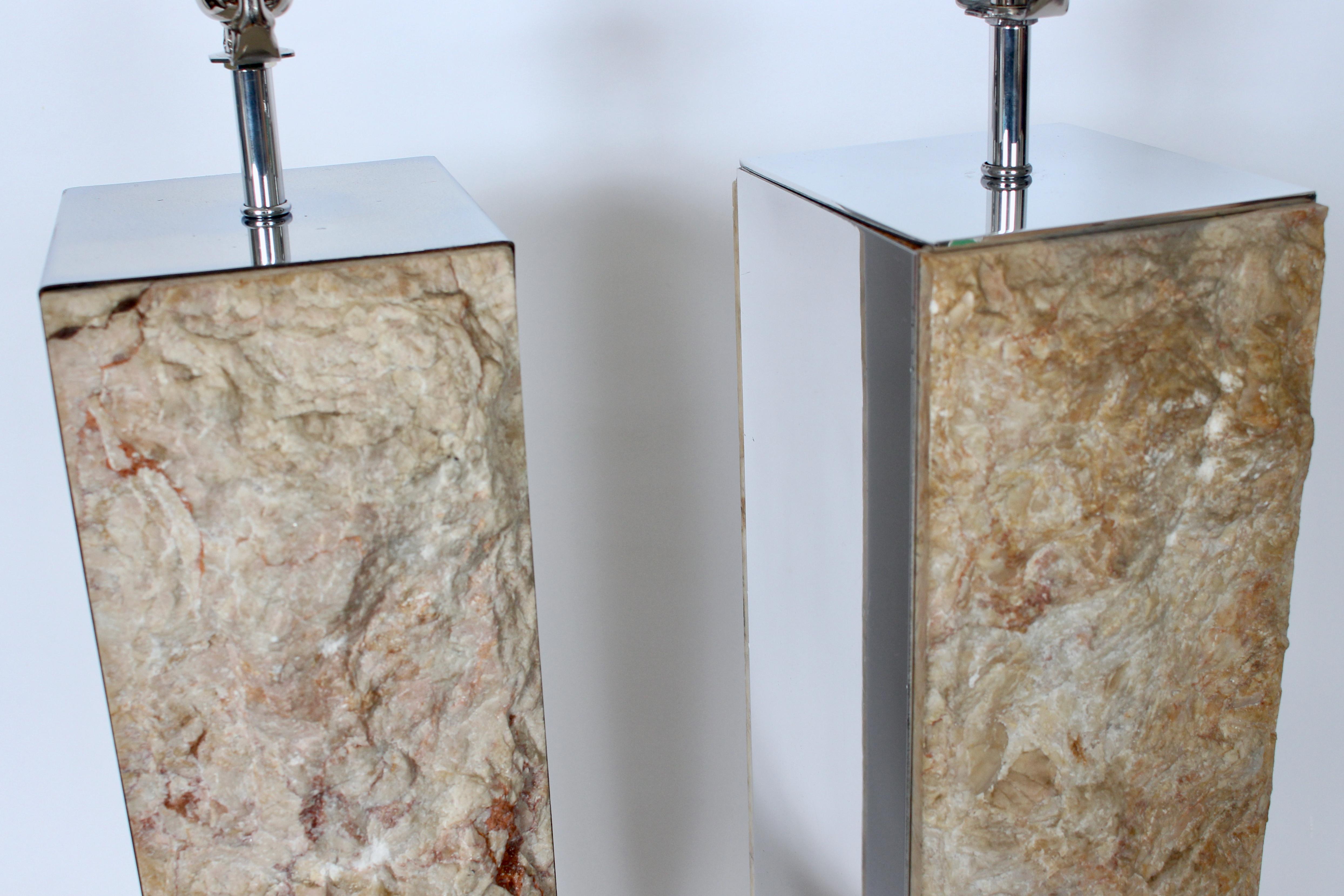 Substantial Pair Italian Natural Cut Marble & Mirrored Metal Table Lamps For Sale 8