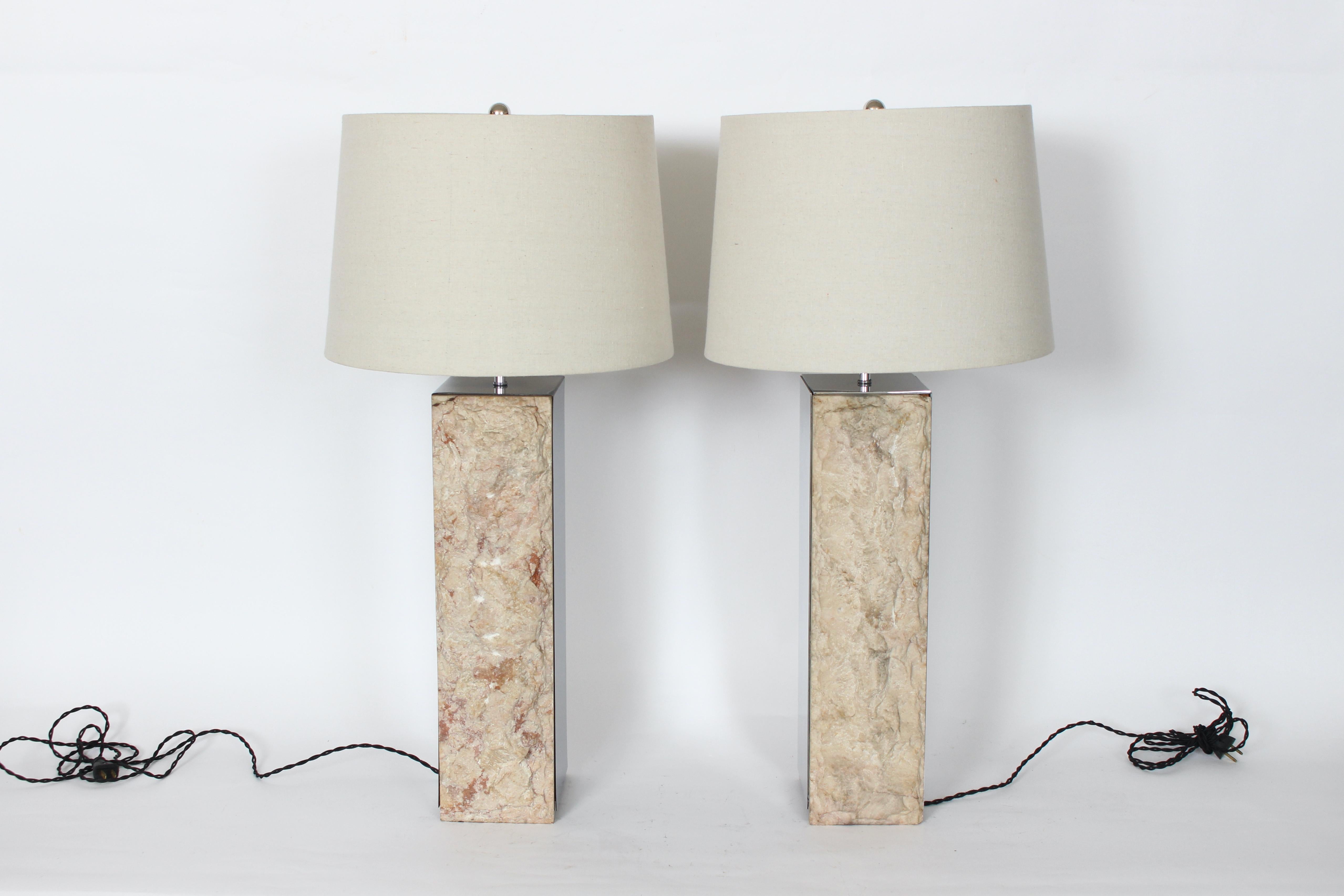 Substantial Pair Italian Natural Cut Marble & Mirrored Metal Table Lamps For Sale 14