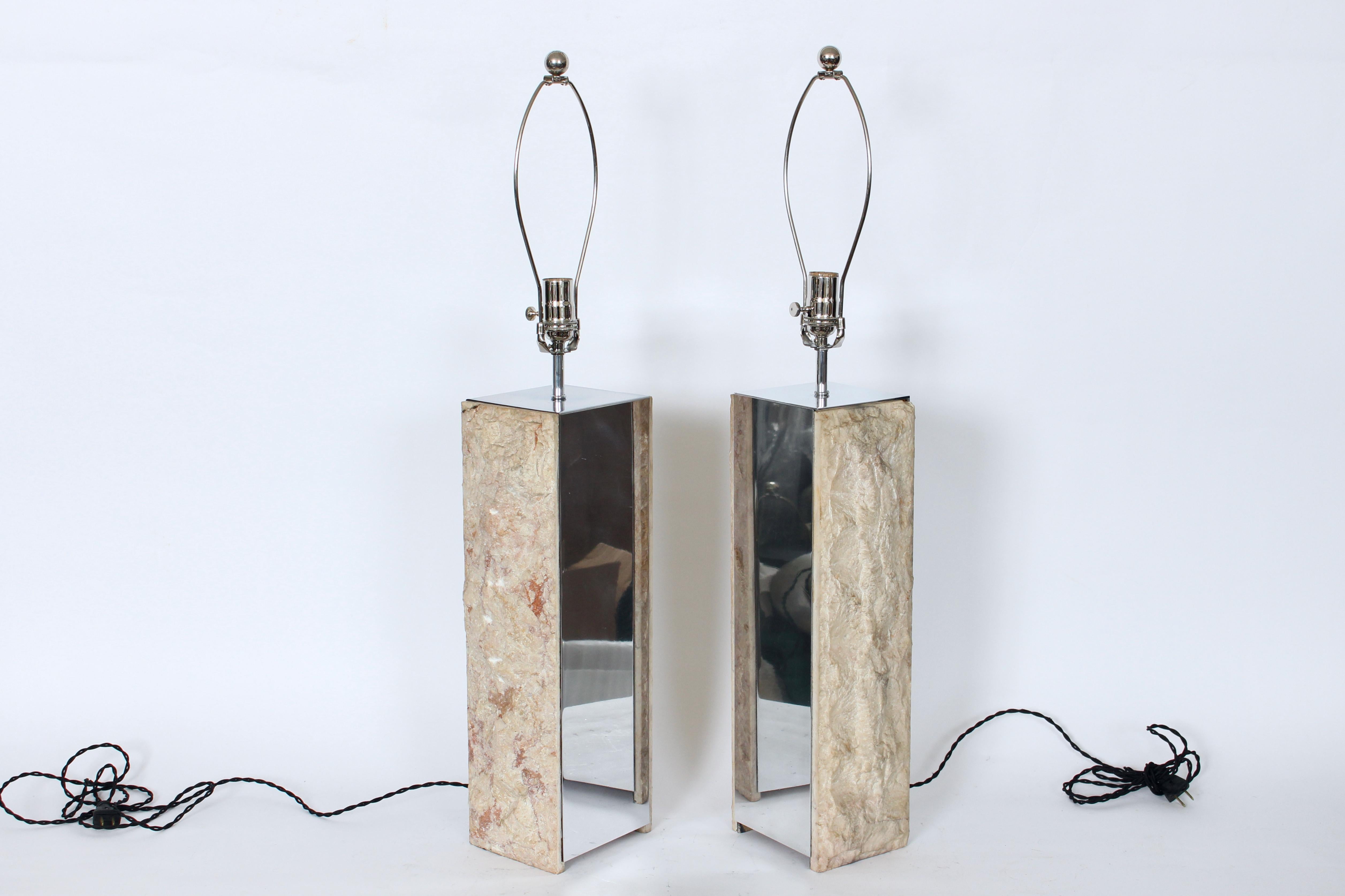 Substantial Pair Italian Natural Cut Marble & Mirrored Metal Table Lamps In Good Condition For Sale In Bainbridge, NY