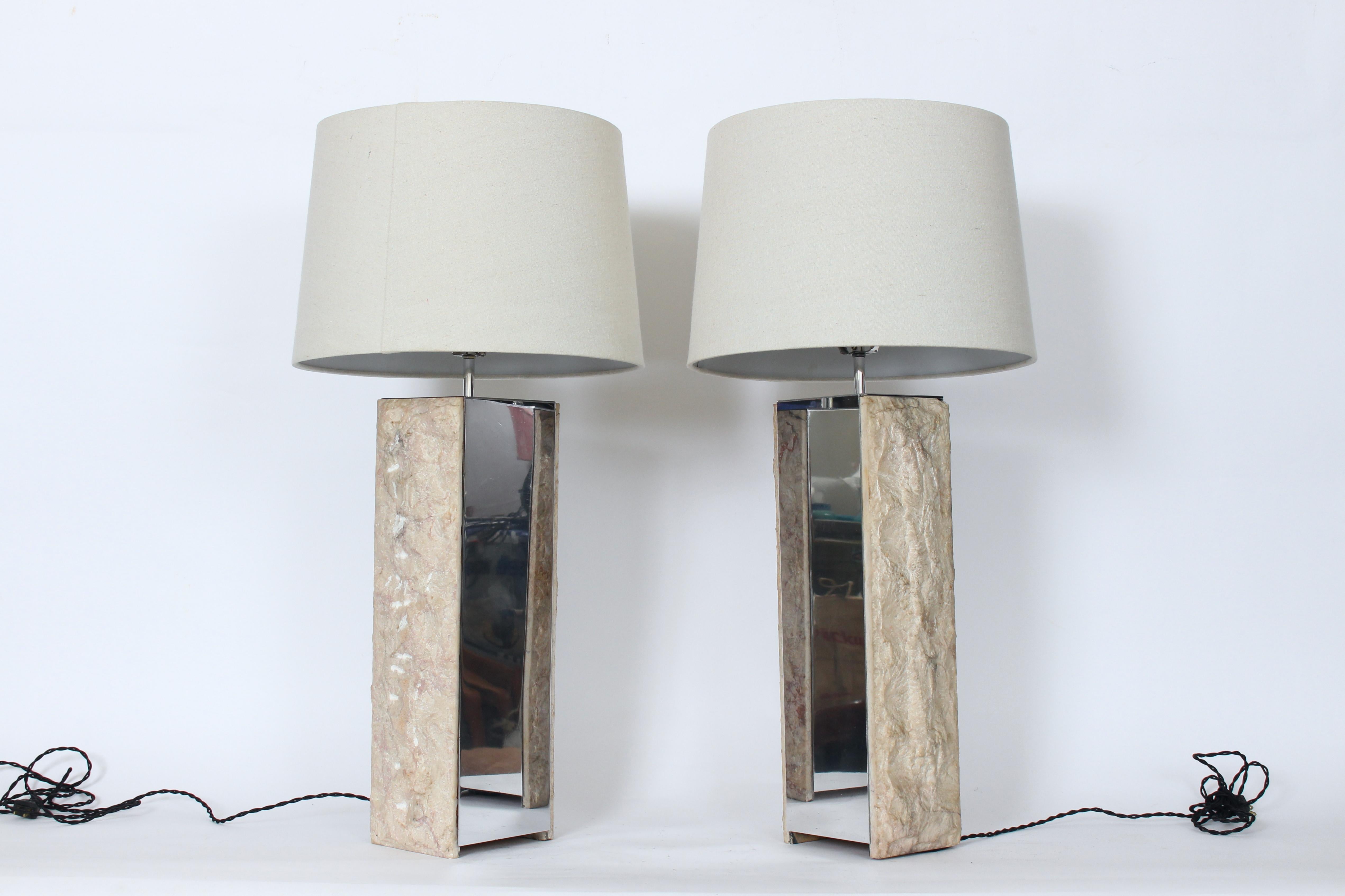 American Substantial Pair Italian Natural Cut Marble & Mirrored Metal Table Lamps For Sale