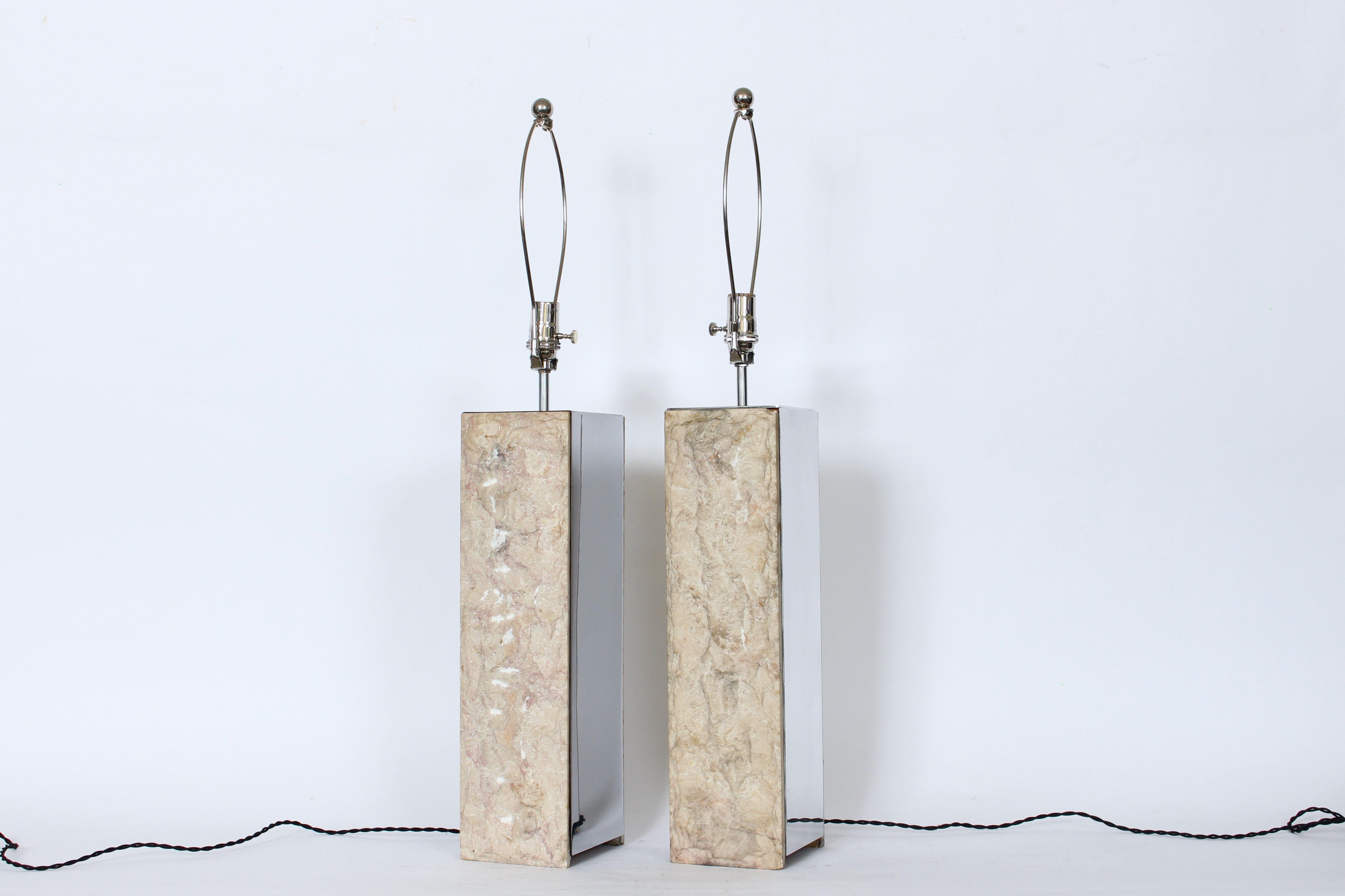 Mid-20th Century Substantial Pair Italian Natural Cut Marble & Mirrored Metal Table Lamps For Sale